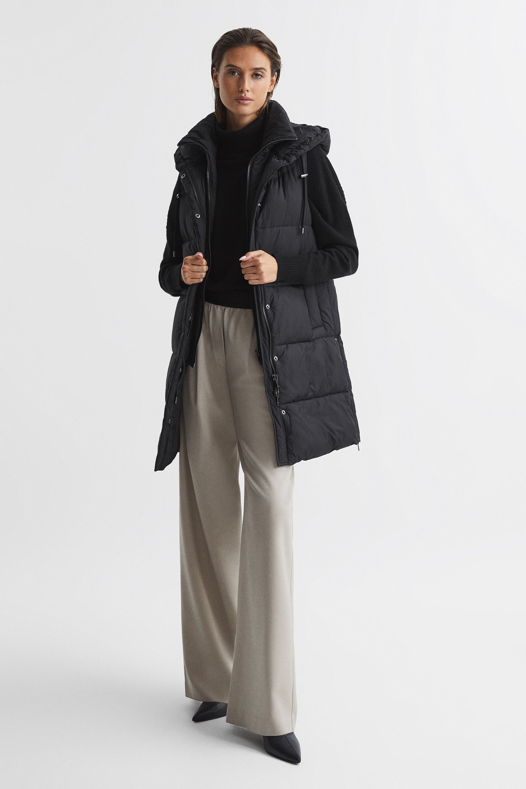 Long black sleeveless gilet hot sale