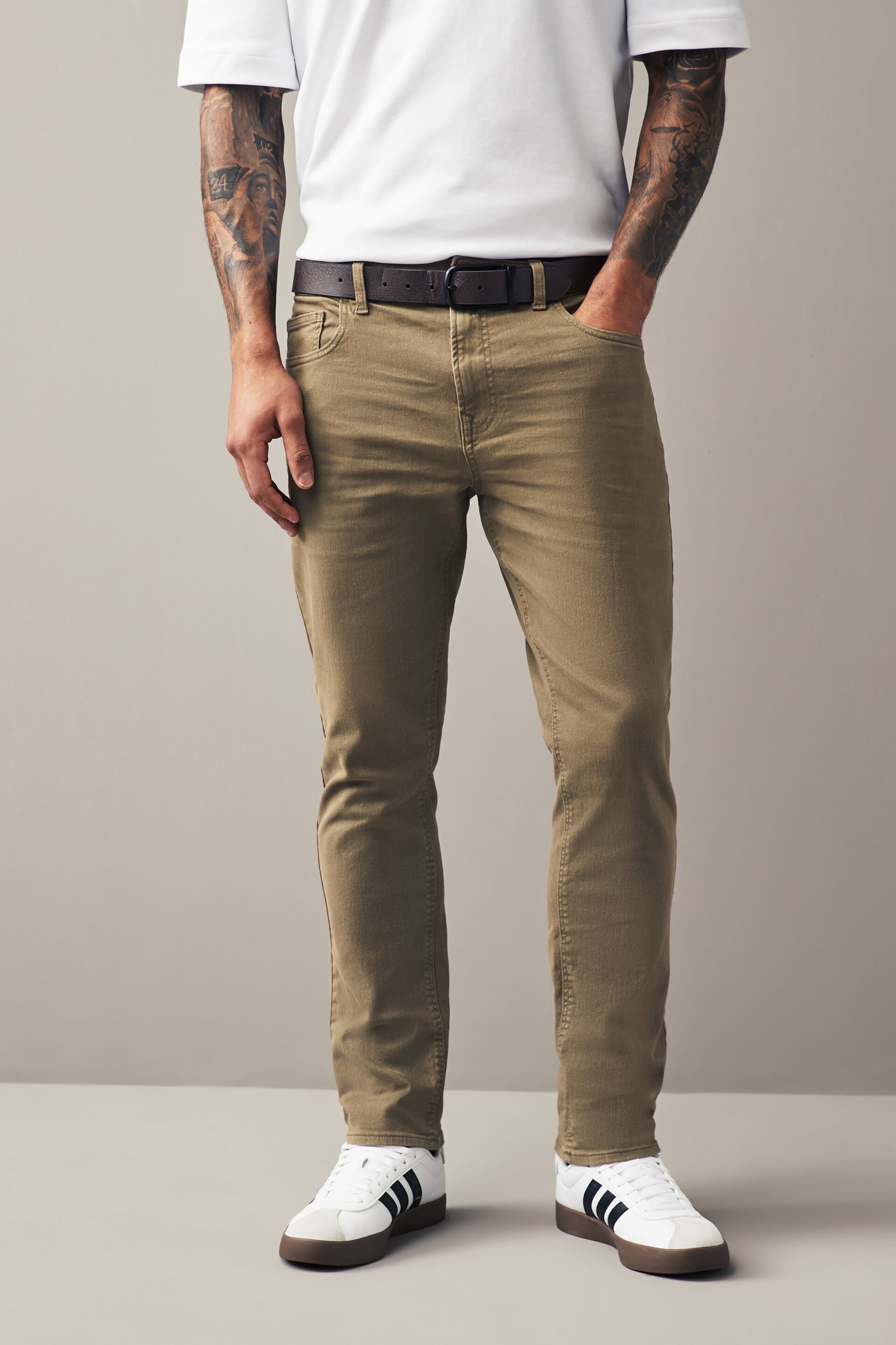 Tan Brown Slim Fit Belted Authentic Jeans - Image 1 of 5