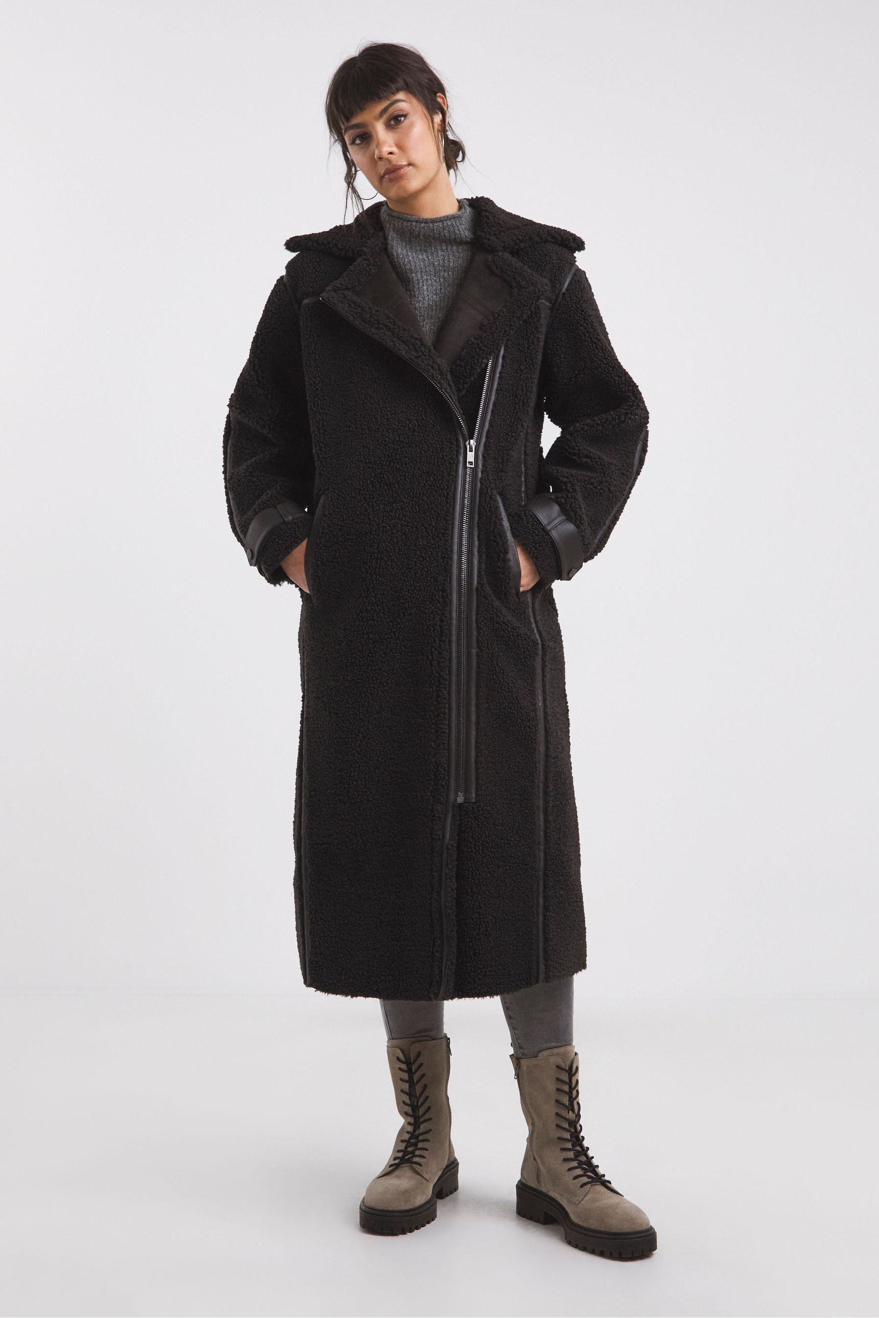 Buy JD Williams Black PU Trim Longline Teddy Coat from the Next UK online shop