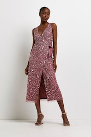 River Island Pink Sequin Tie Wrap Dress - Image 1 of 4