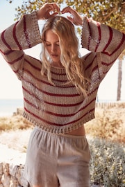 Neutral and Red Stripe Stitch Long Sleeve Jumper - Image 2 of 6