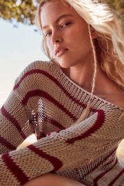 Neutral and Red Stripe Stitch Long Sleeve Jumper - Image 4 of 6