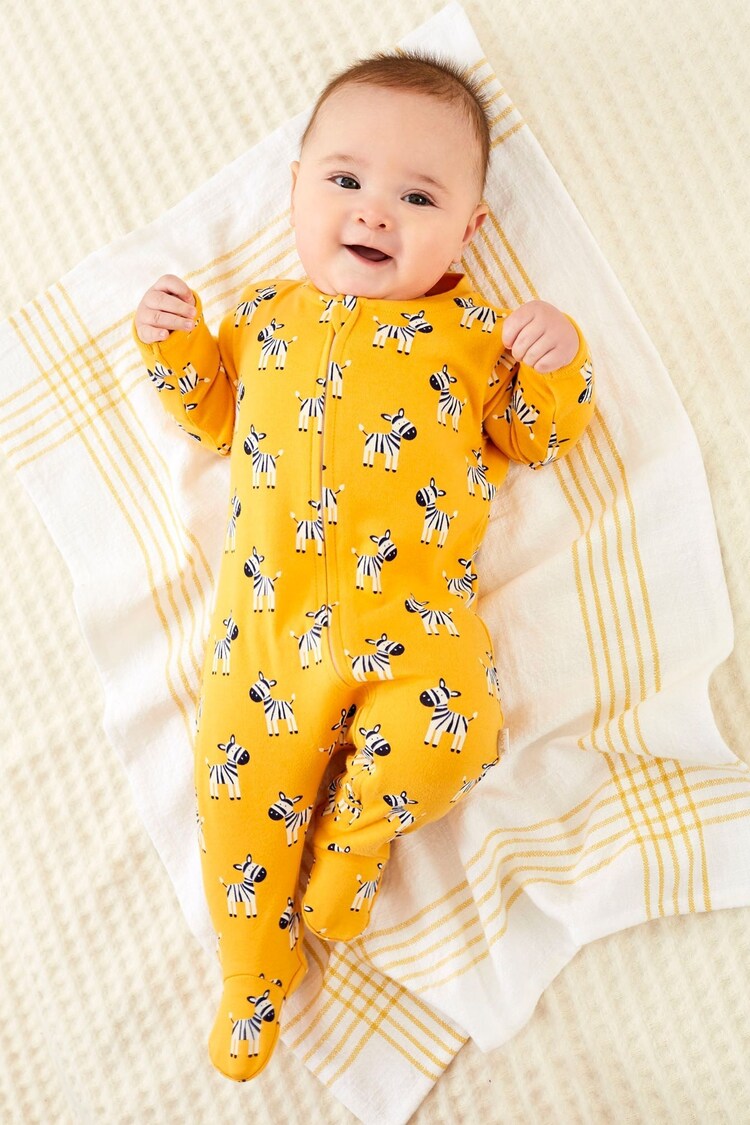 JoJo Maman Bébé Yellow Zebra Print Zip Cotton Baby Sleepsuit - Image 2 of 4