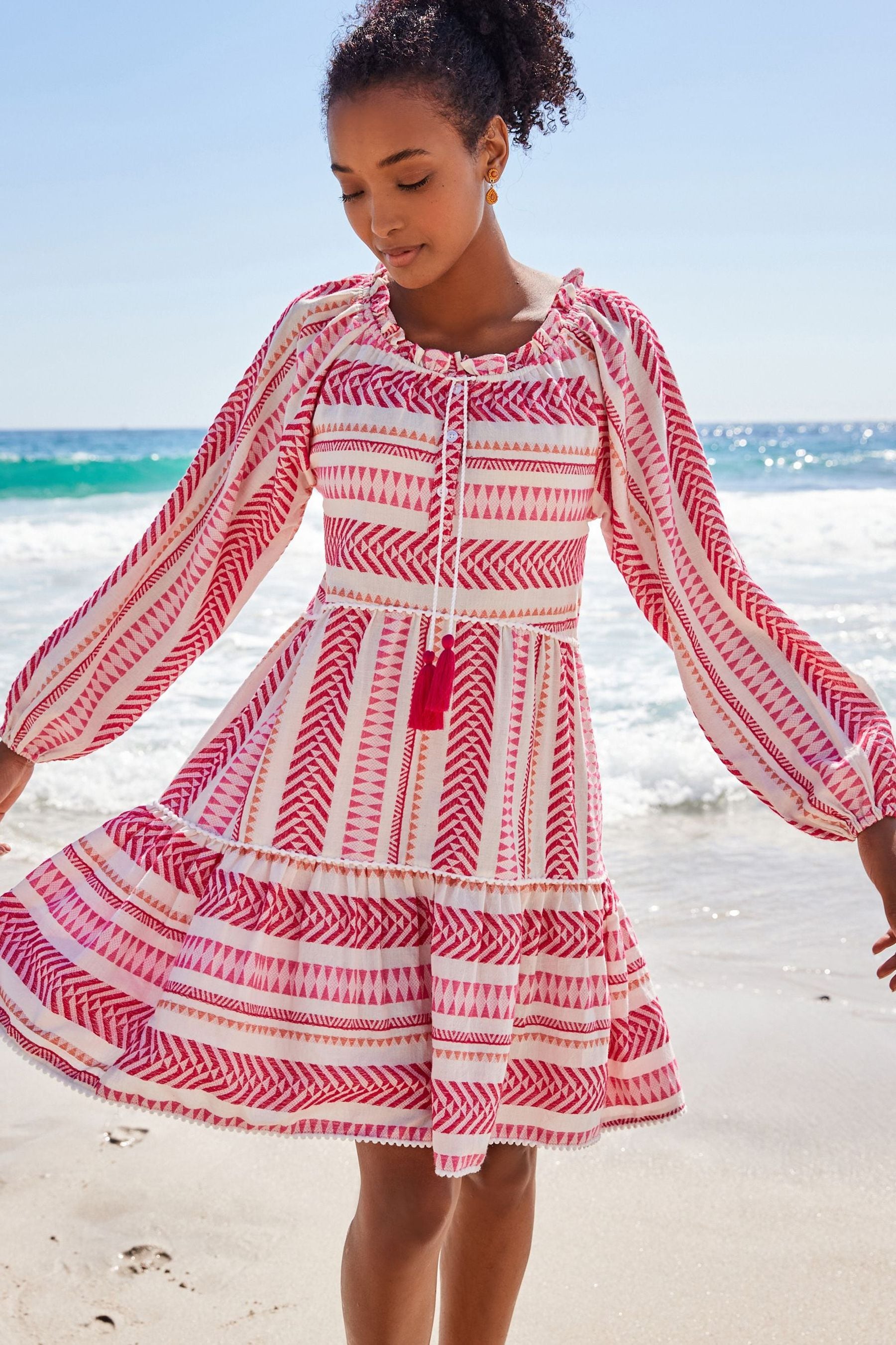 Buy Bright Pink White Jacquard Kaftan Mini Summer Dress from Next Luxembourg