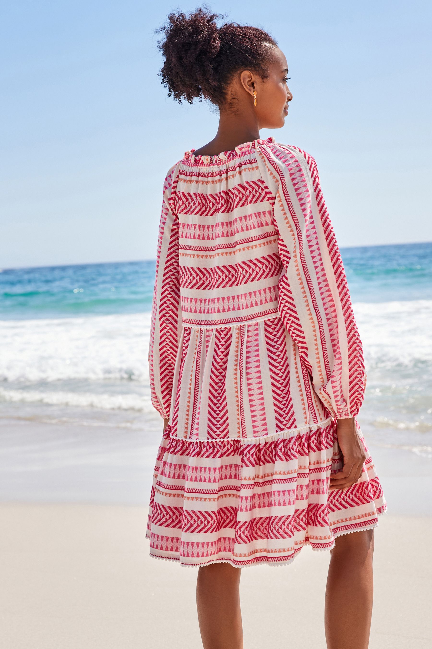 Buy Bright Pink White Jacquard Kaftan Mini Summer Dress from Next Luxembourg