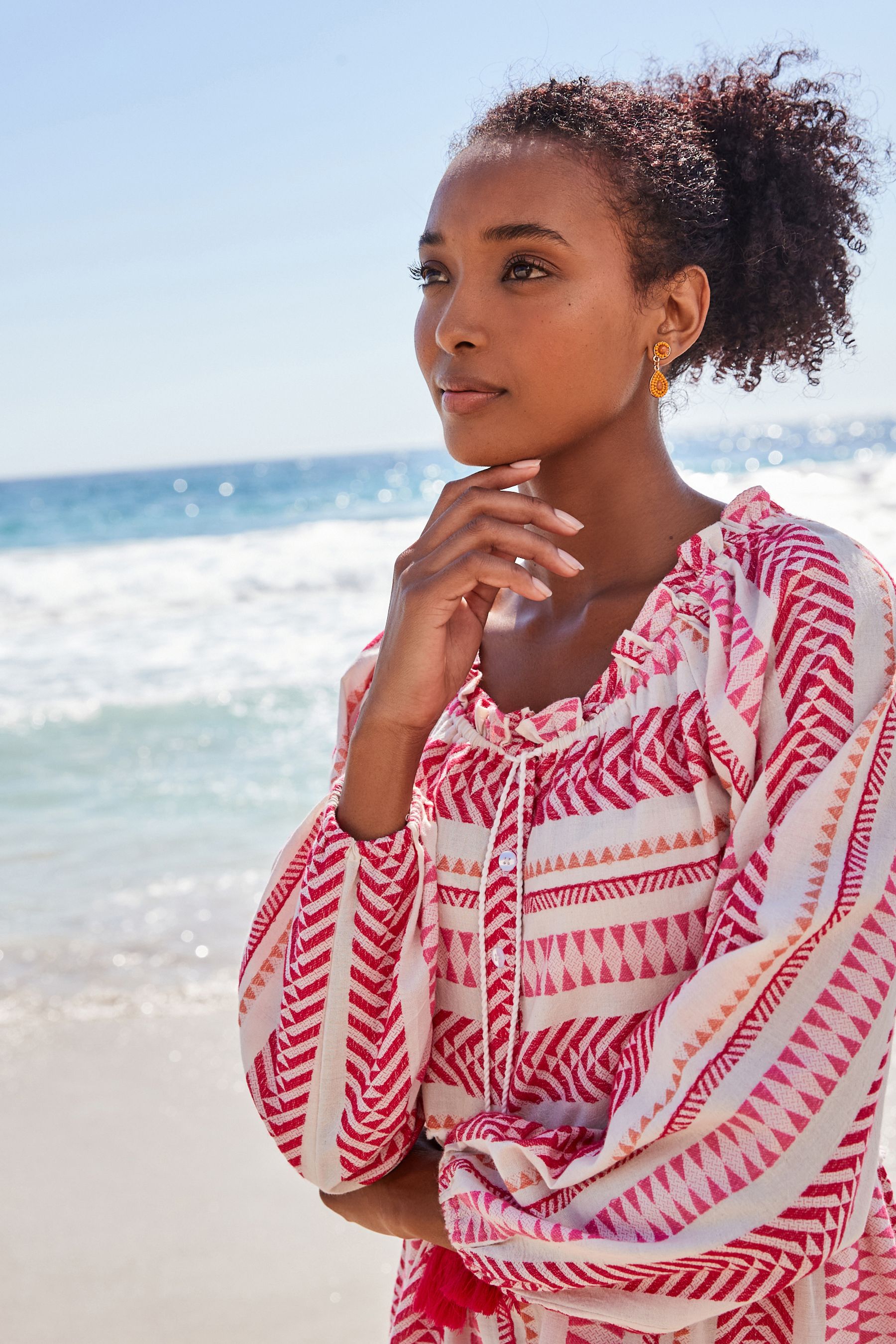 Buy Bright Pink White Jacquard Kaftan Mini Summer Dress from Next Luxembourg