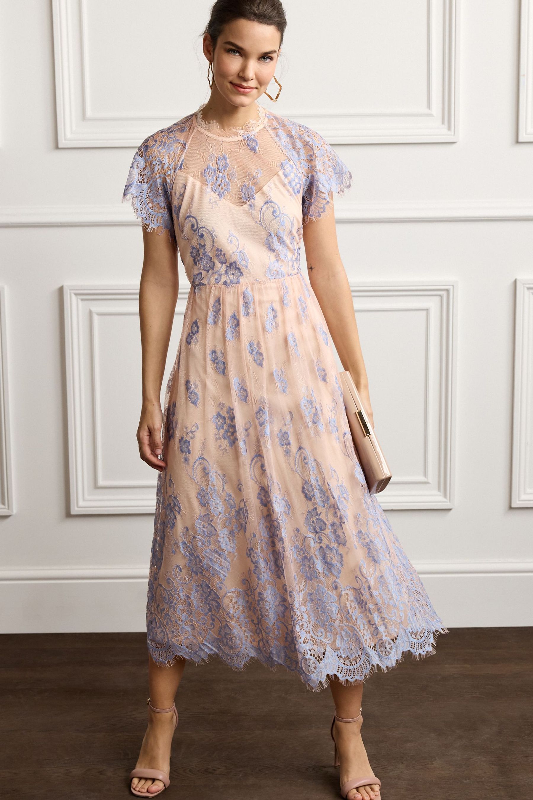 Peach lace midi dress sales