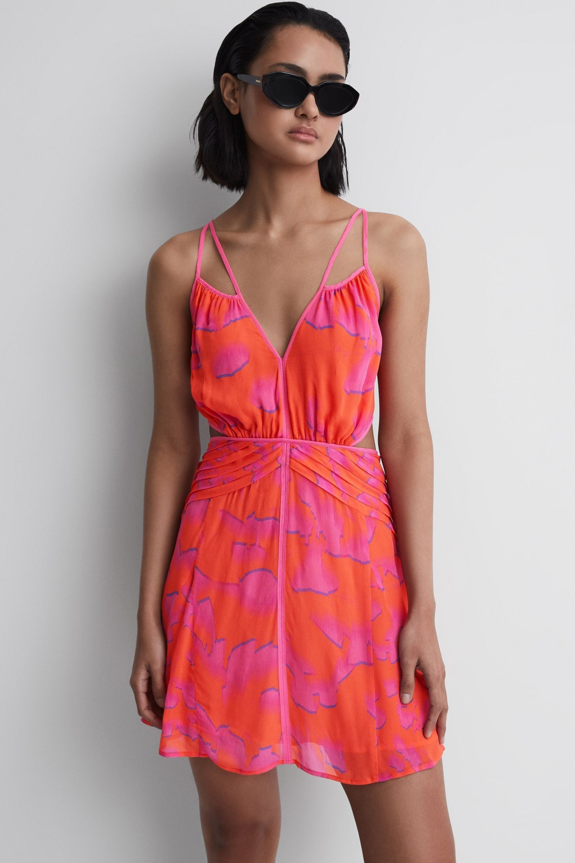 Reiss Orange/Pink Abilene Plunge Neckline Resort Mini Dress - Image 3 of 5