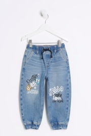 River Island Blue Boys Denim Graffiti Print Joggers Jeans - Image 1 of 4