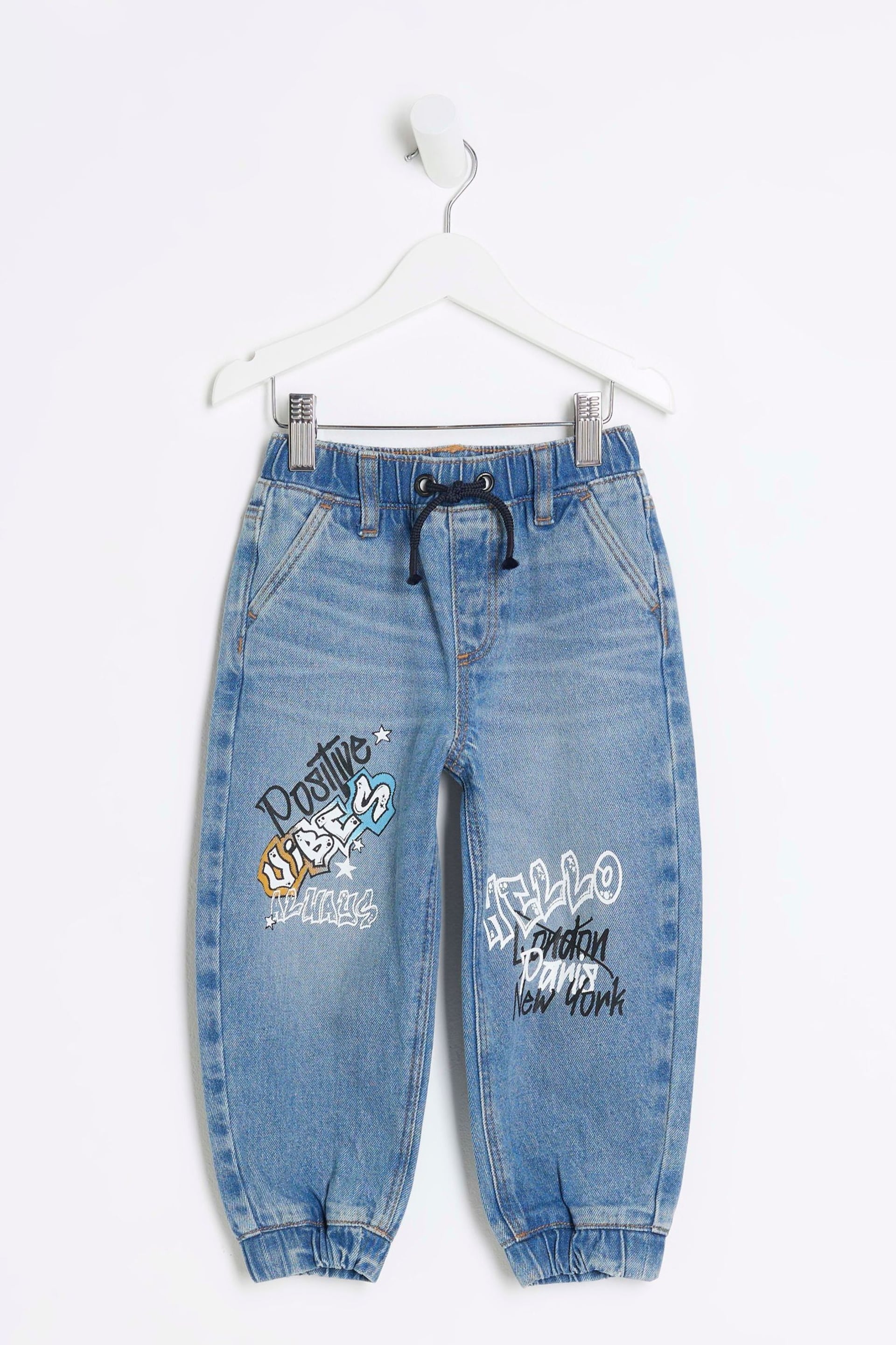 River Island Blue Boys Denim Graffiti Print Joggers Jeans - Image 1 of 4