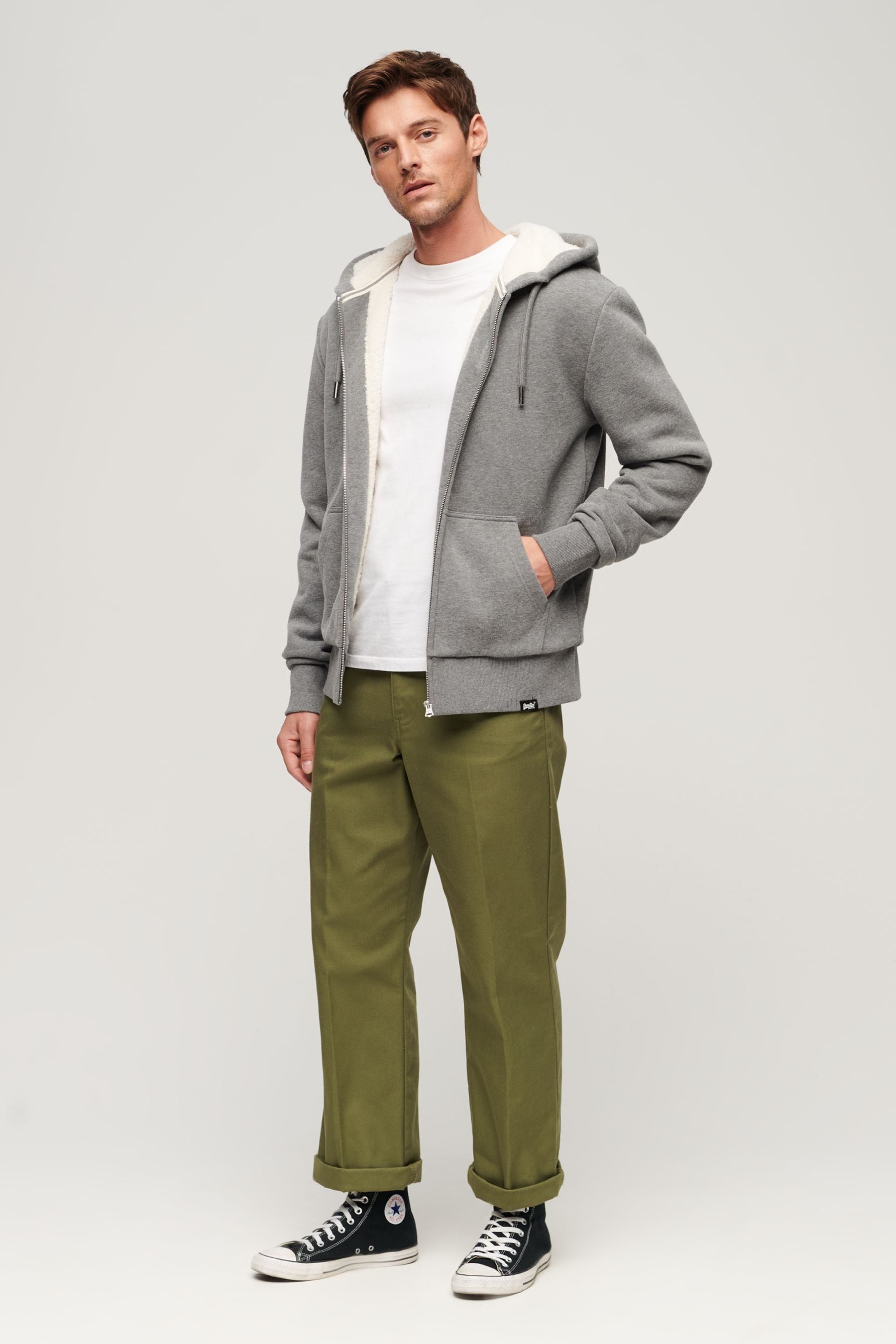 Buy Superdry Grey Essential Borg Lined Zip Up Hoodie from Next Luxembourg