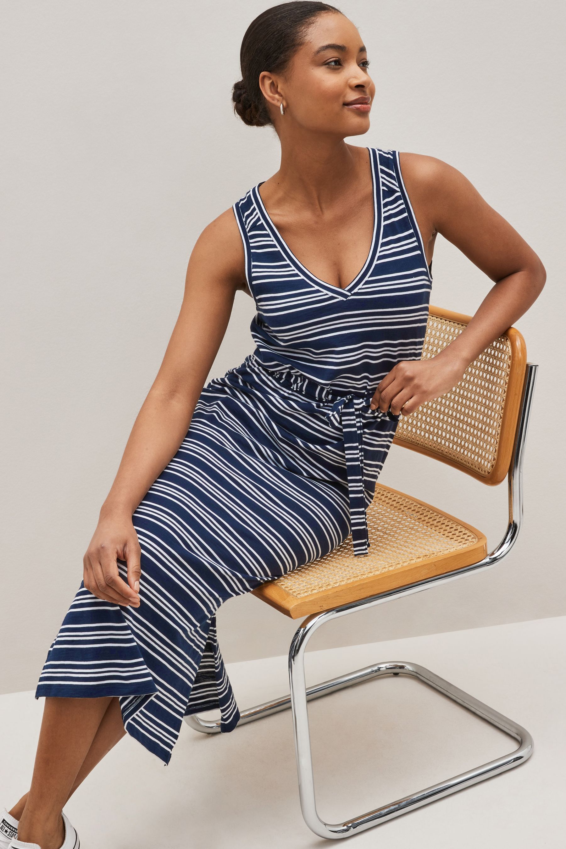 Buy Navy Blue White Stripe Sleeveless Midi V Neck Slub Dress from Next Luxembourg