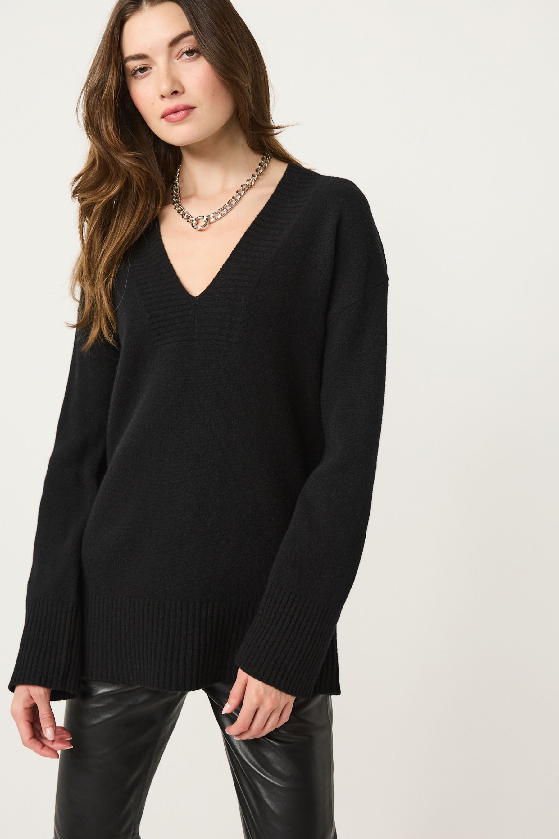 Buy Black Premium 100 Wool Longline V Neck Jumper from Next Luxembourg