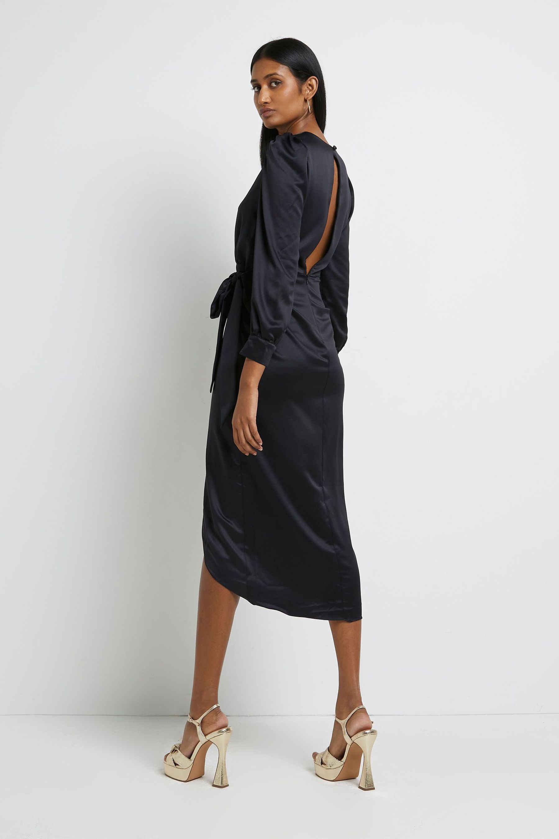 Buy River Island Black Satin Wrap Midi Dress from Next Luxembourg