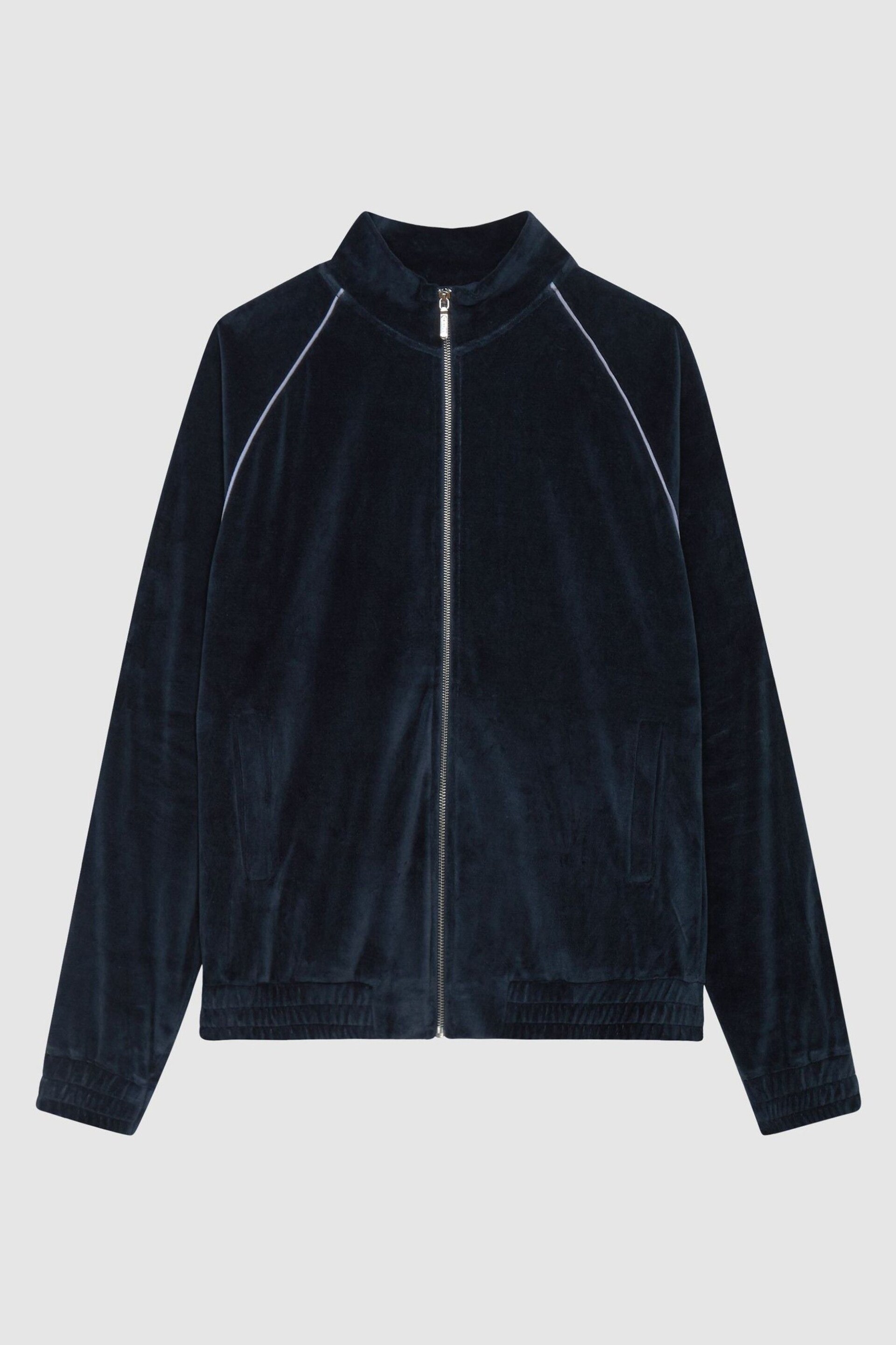 Reiss Navy William - Che Velour Zip Through Jacket With Piping - Image 2 of 10