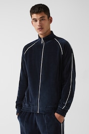 Reiss Navy William - Che Velour Zip Through Jacket With Piping - Image 9 of 10