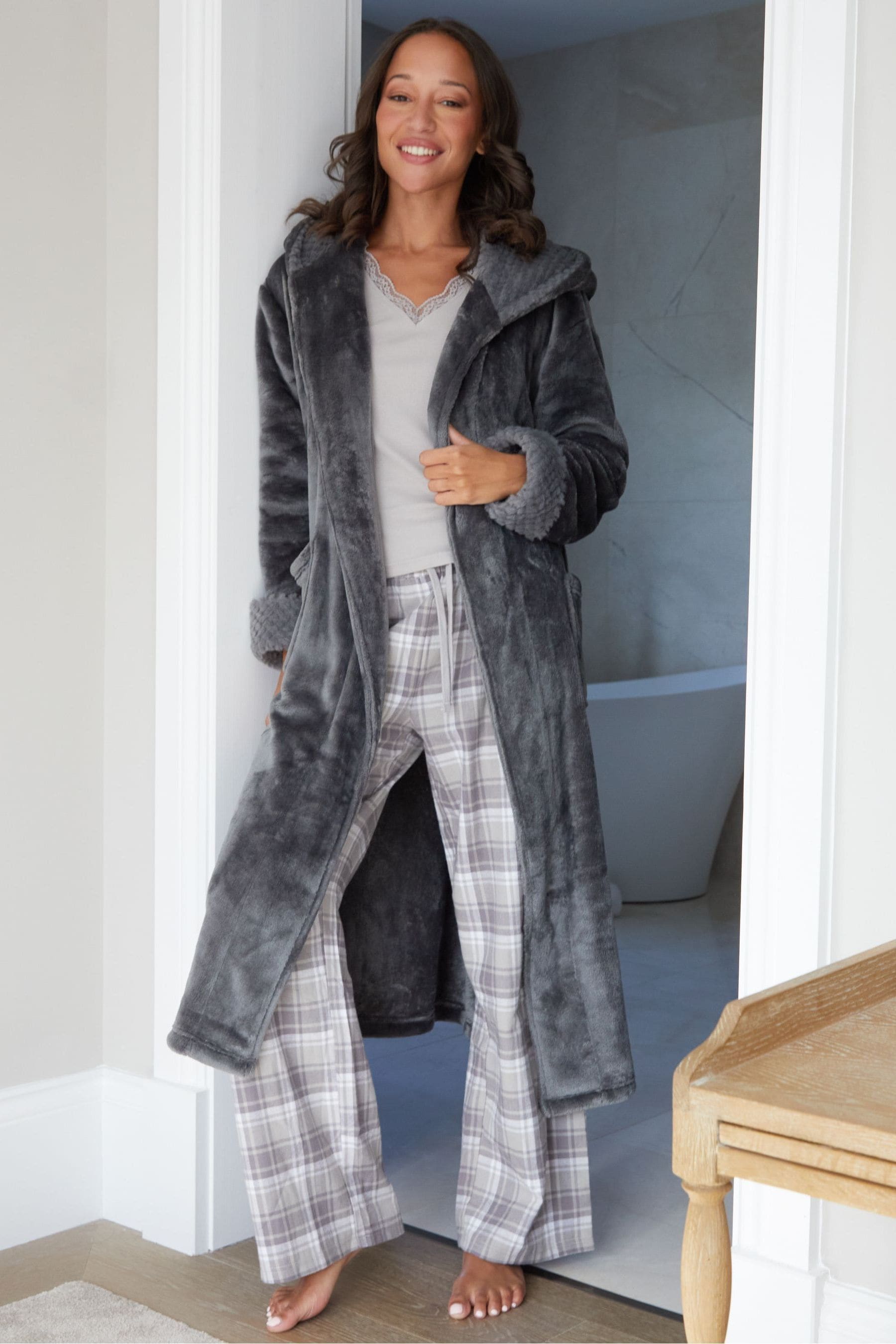 Buy Threadbare Grey Faux Fur Trim Dressing Gown from Next Luxembourg