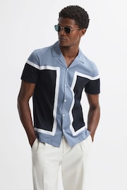 Reiss Airforce Blue Noble Mercerised Colourblock Cuban Collar Shirt - Image 1 of 4