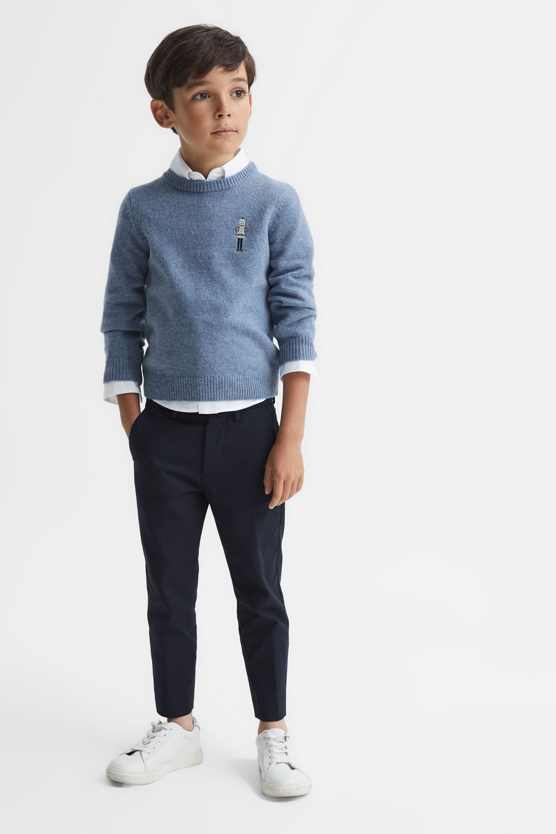 Reiss Denim Melange Ringo Senior Merino Wool Embroidered Drummer Jumper - Image 1 of 7