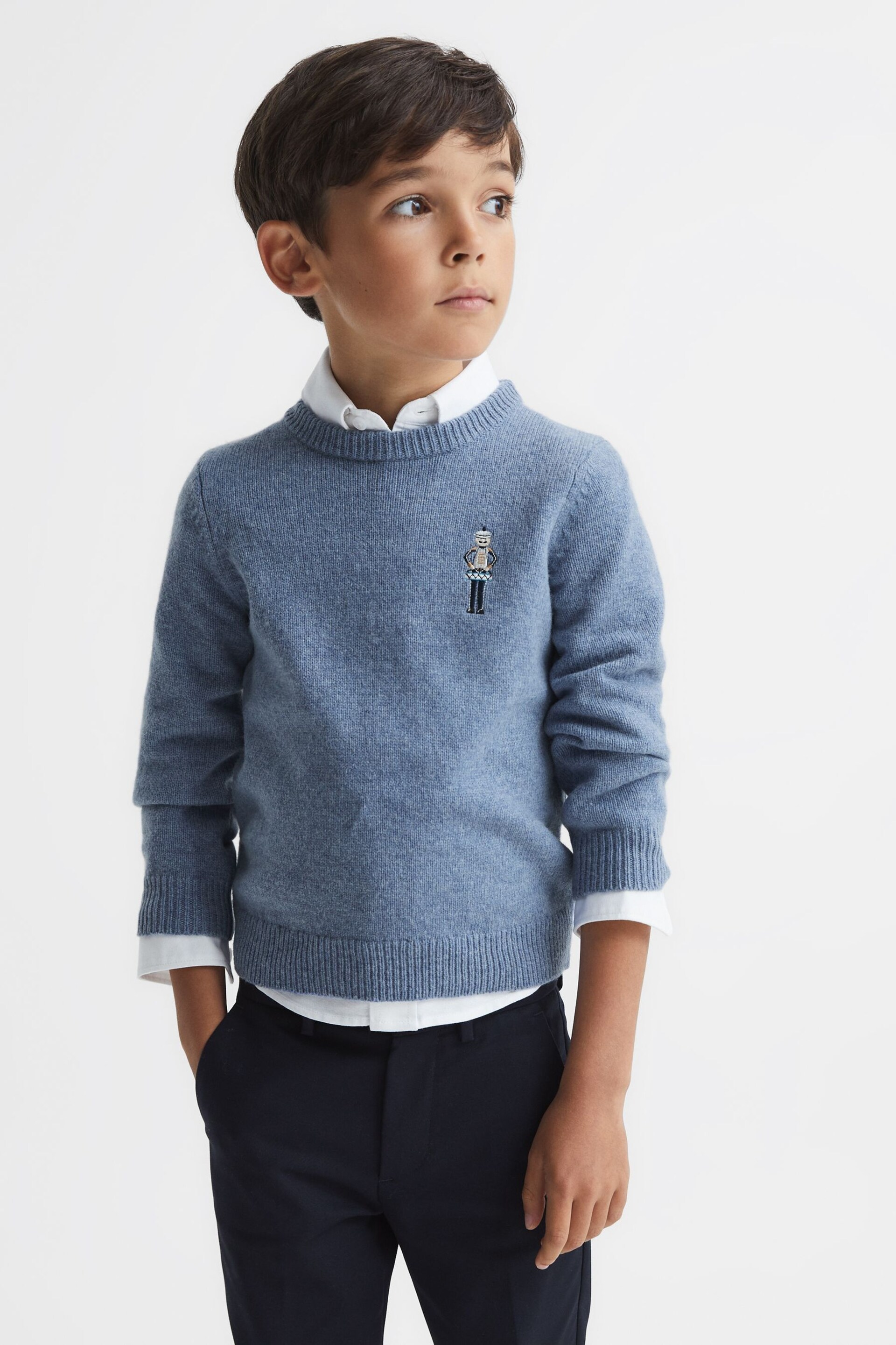 Reiss Denim Melange Ringo Senior Merino Wool Embroidered Drummer Jumper - Image 3 of 7