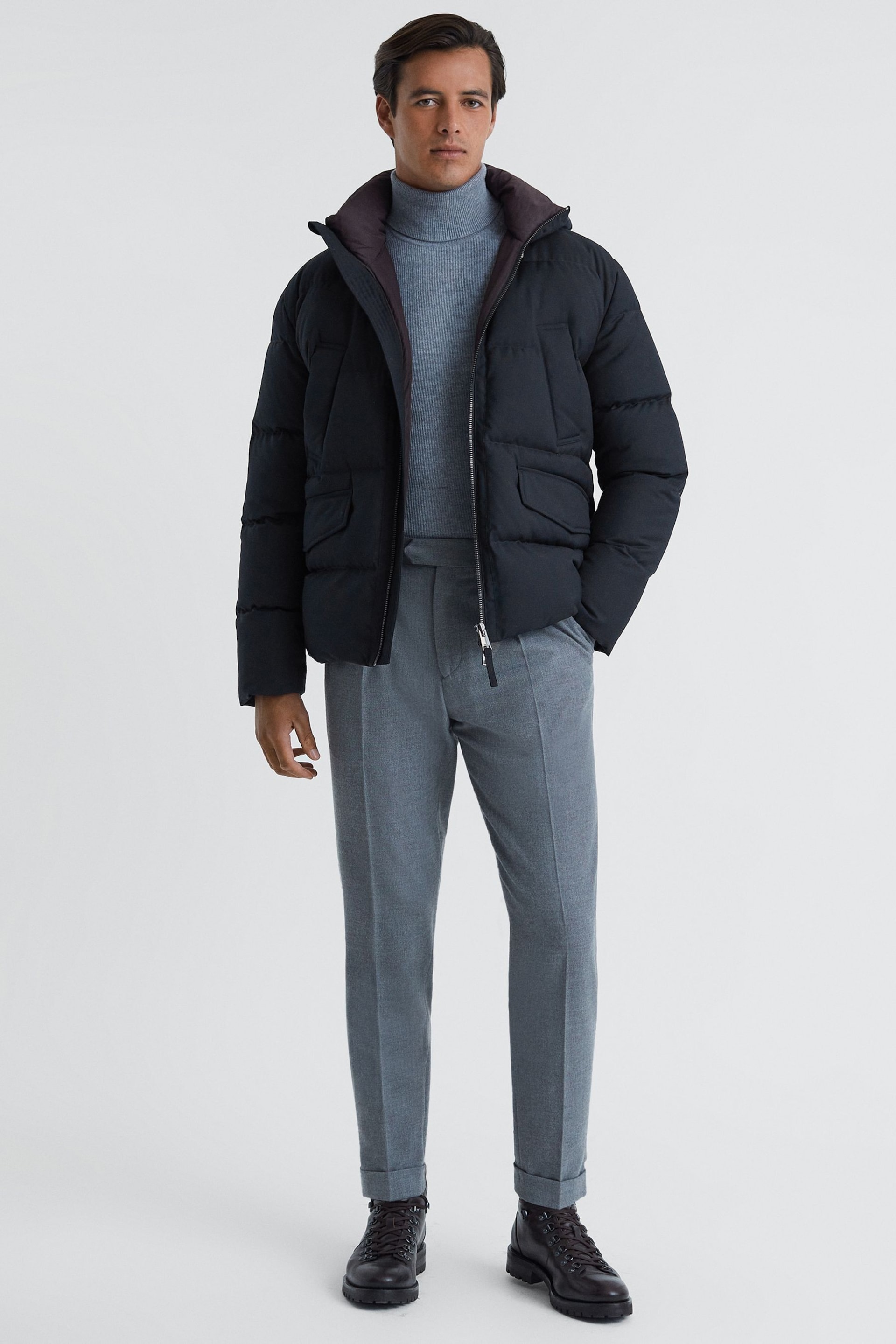 Reiss Navy Ronic Quilted Short Hooded Coat - Image 1 of 7