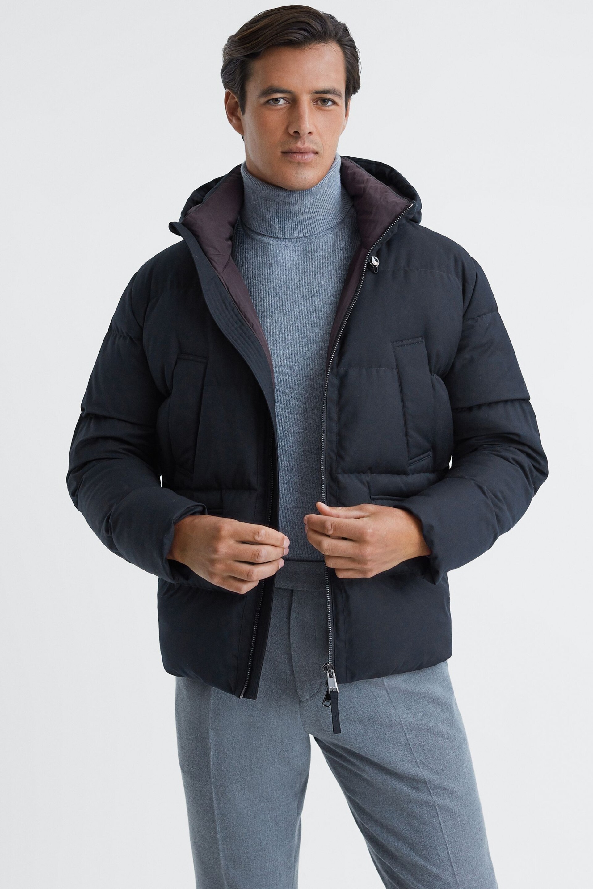 Reiss Navy Ronic Quilted Short Hooded Coat - Image 4 of 7