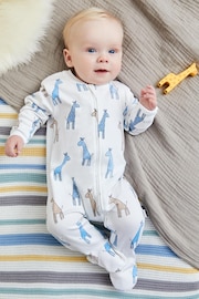 JoJo Maman Bébé Blue Giraffe Print Zip Cotton Baby Sleepsuit - Image 1 of 4