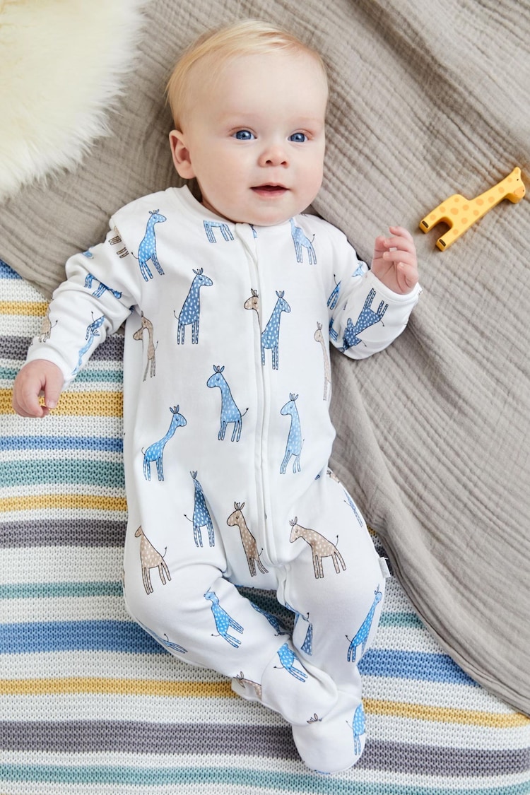 JoJo Maman Bébé Blue Giraffe Print Zip Cotton Baby Sleepsuit - Image 1 of 4