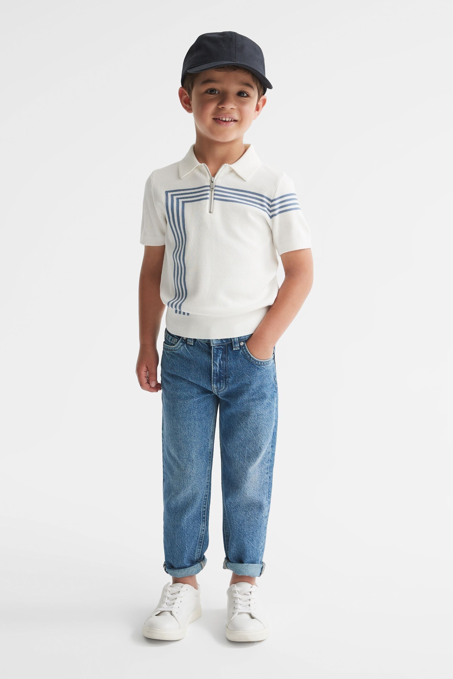 Reiss White Sergant Junior Half Zip Stripe Detail Polo T-Shirt - Image 1 of 8