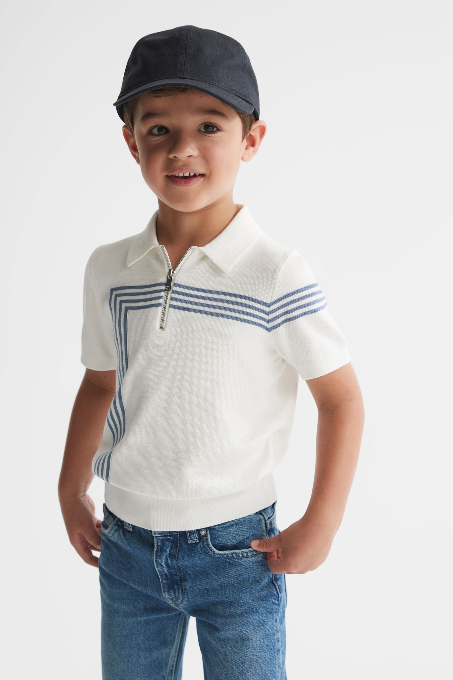 Reiss White Sergant Junior Half Zip Stripe Detail Polo T-Shirt - Image 7 of 8