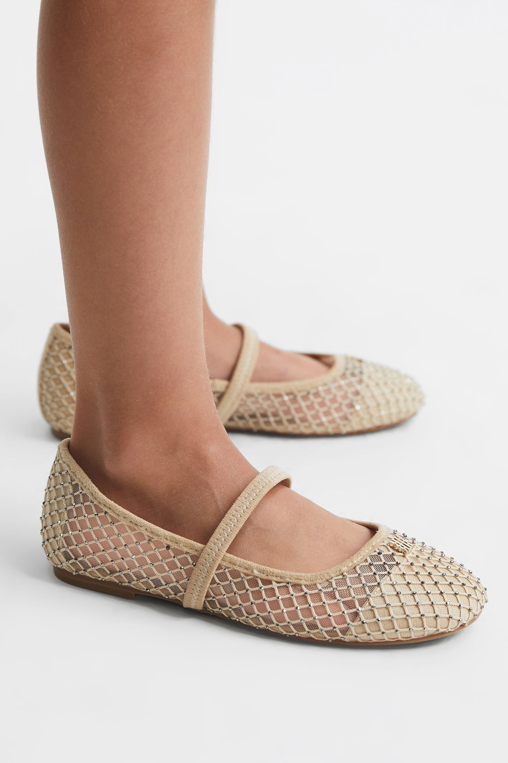 Reiss Nude Amelia Crystal Detail Mesh Ballet Flats - Image 3 of 6