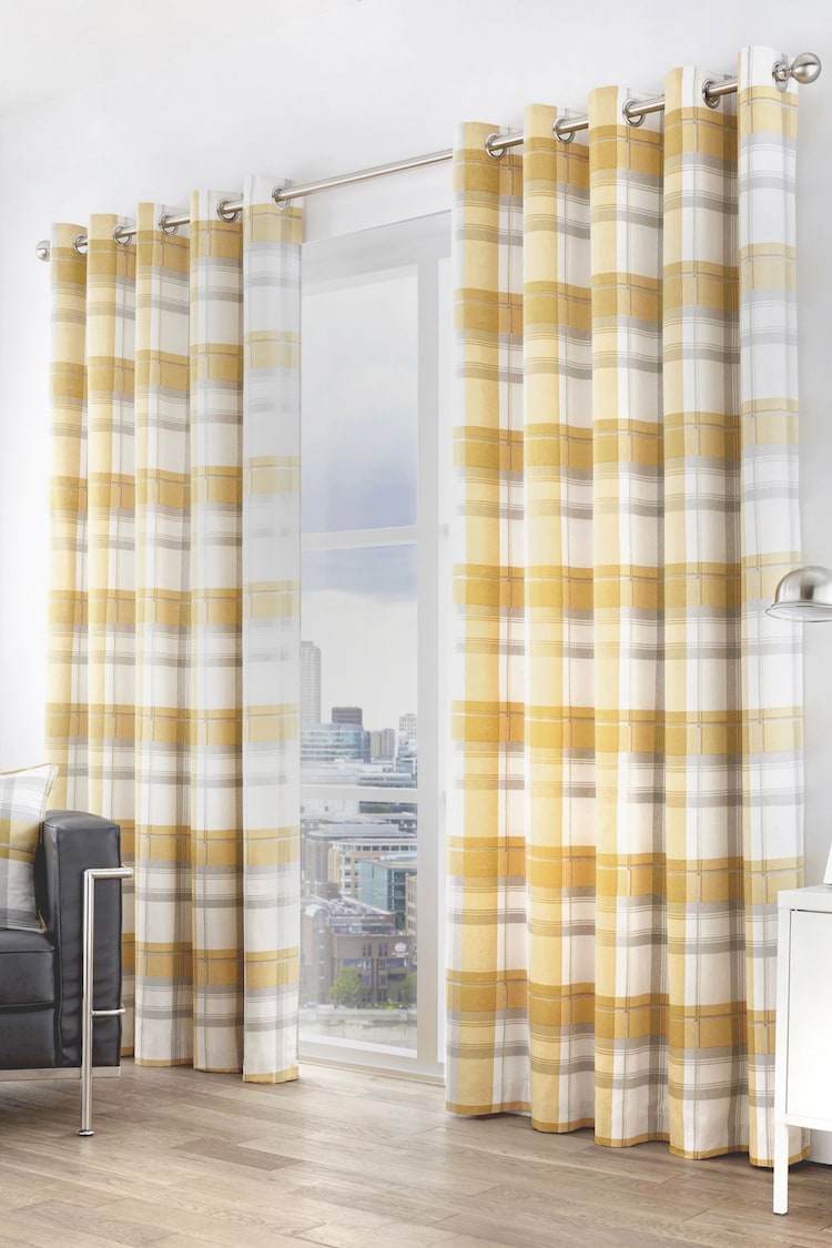 Fusion Yellow Balmoral Check 100% Cotton Eyelet Curtains - Image 1 of 3