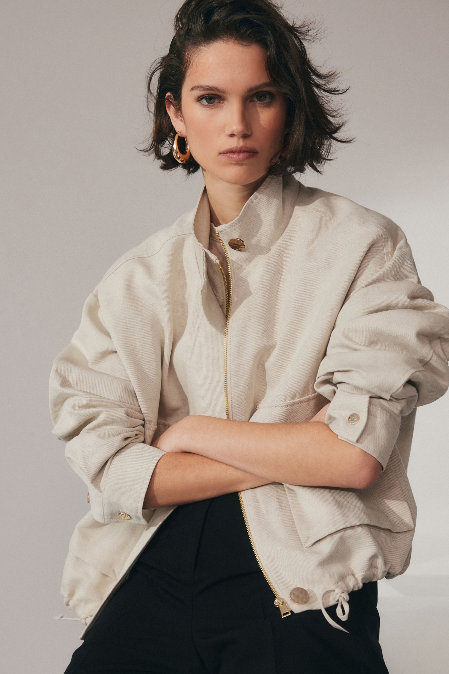 Neutral Linen Bomber Jacket