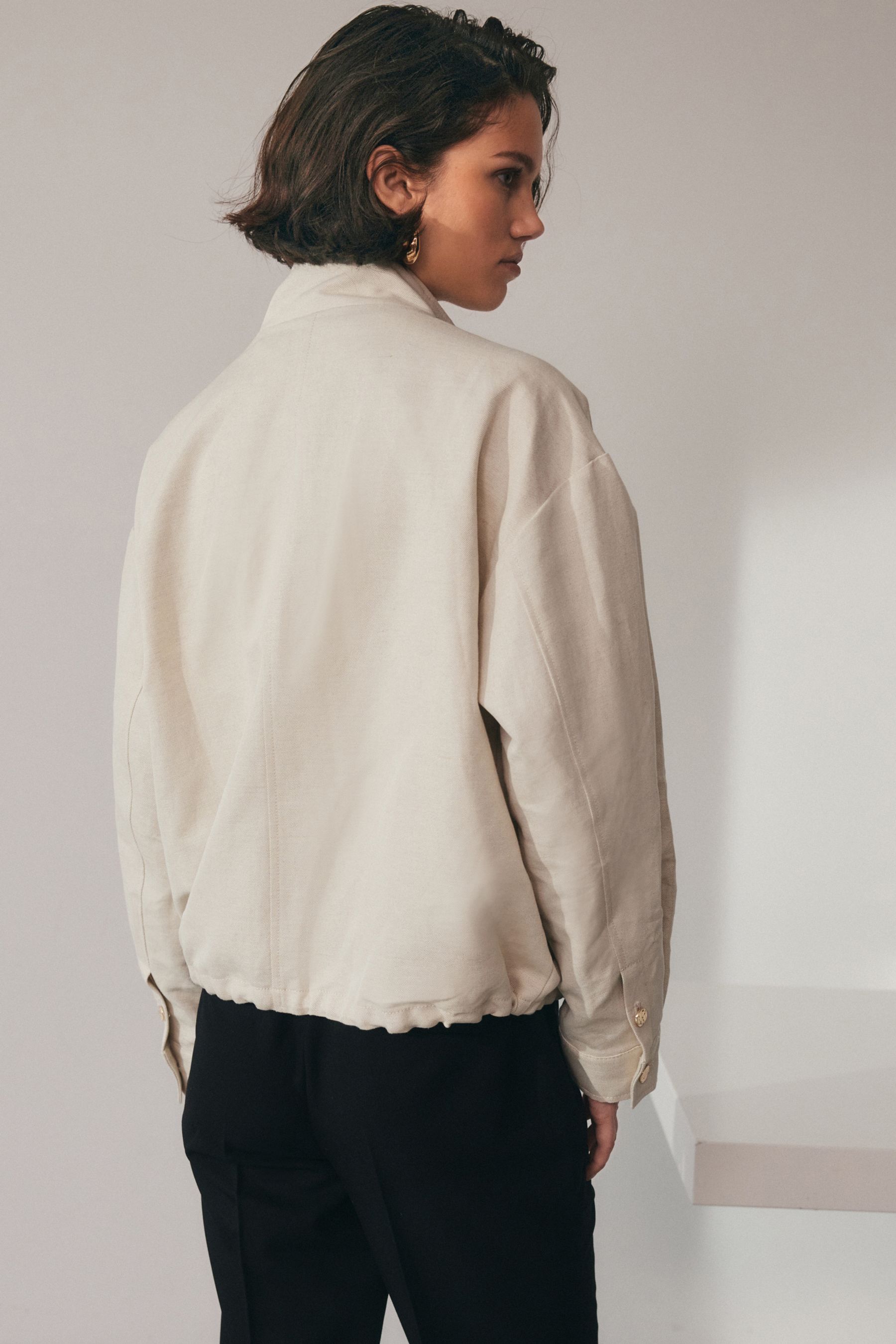 Buy Neutral Linen Bomber Jacket from Next Oman