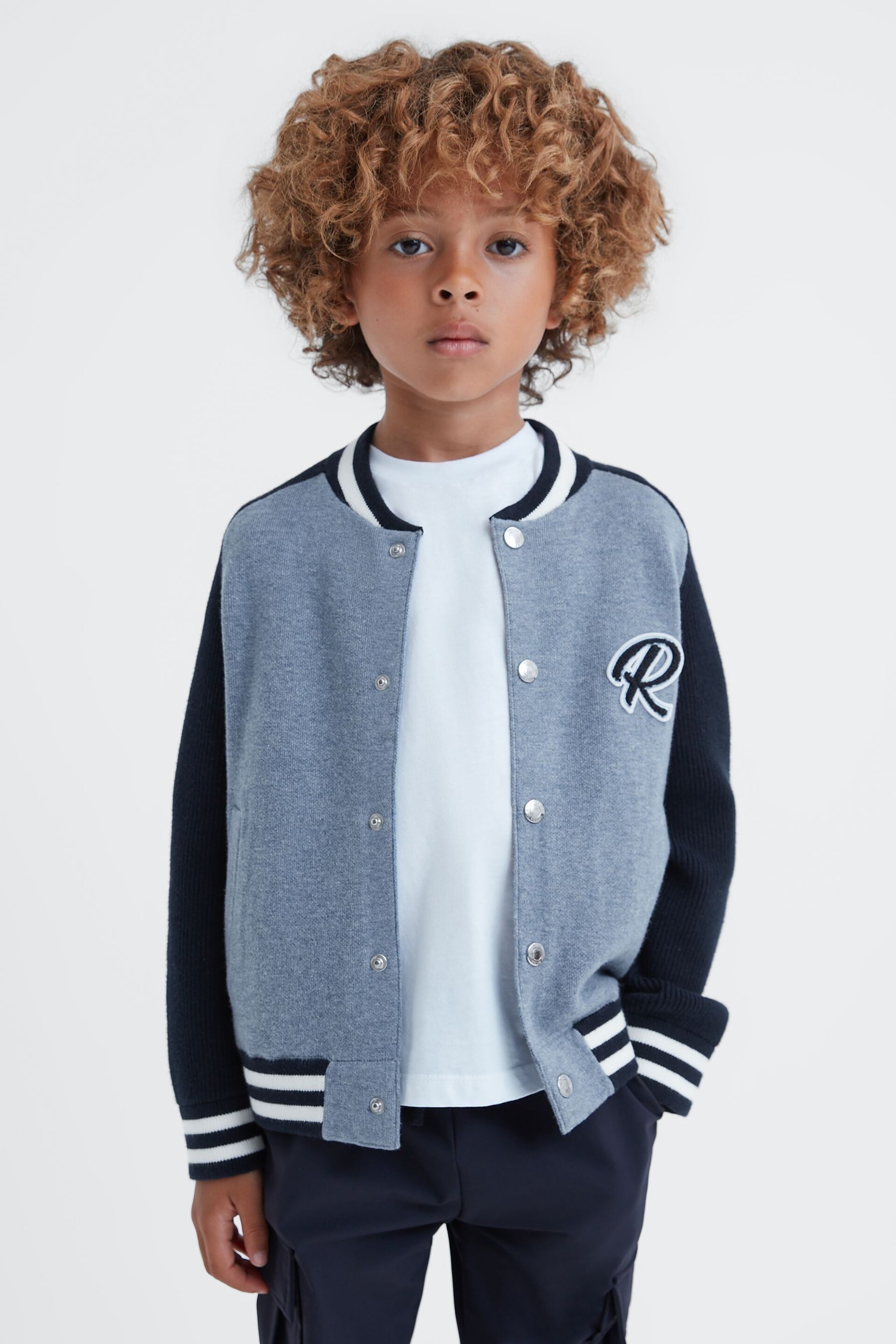 Reiss Blue Melange Belsize Junior Varsity Bomber Jacket - Image 1 of 6