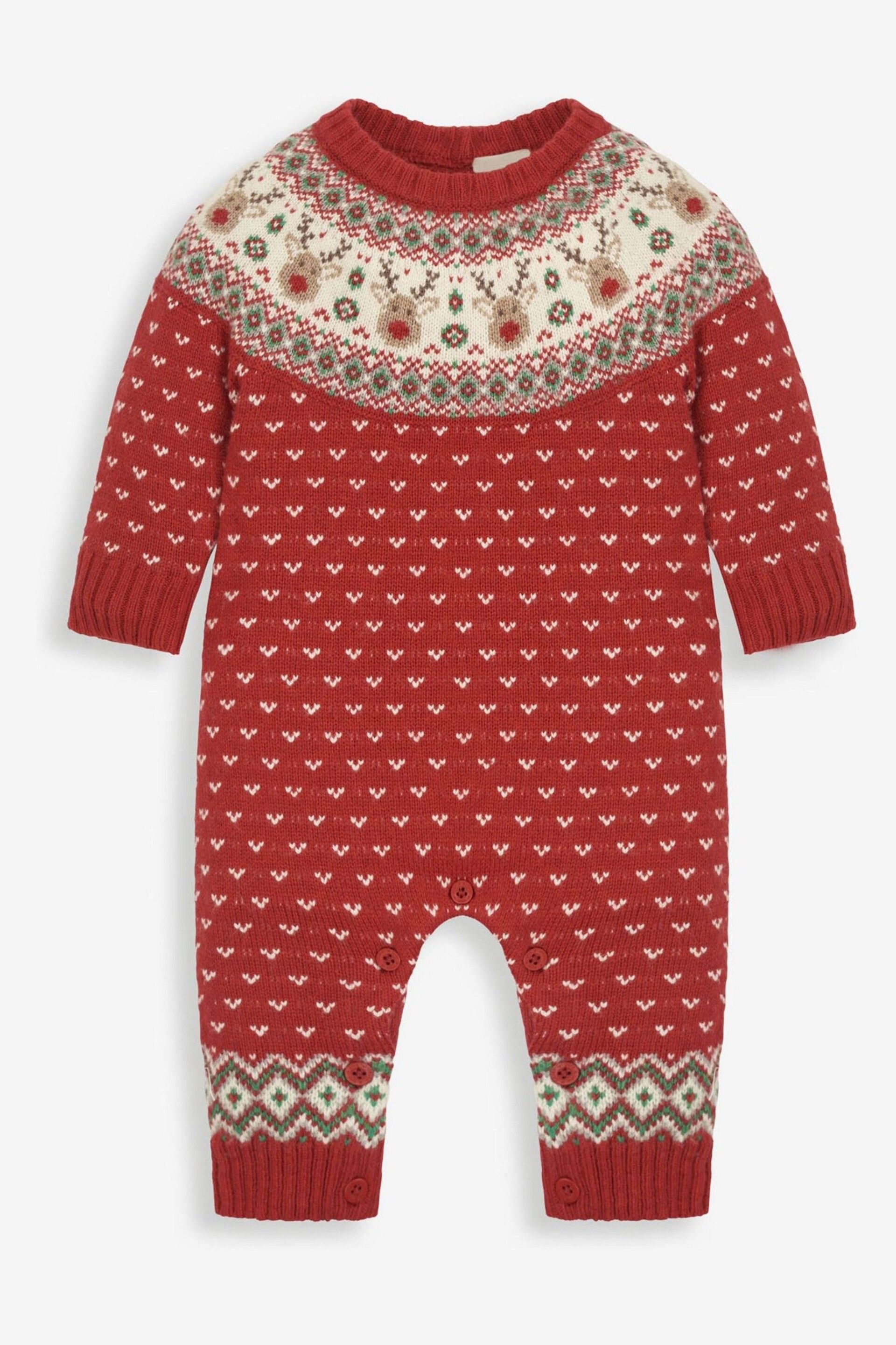 JoJo Maman Bébé Red Reindeer Fair Isle Knitted Baby All-In-One - Image 3 of 4