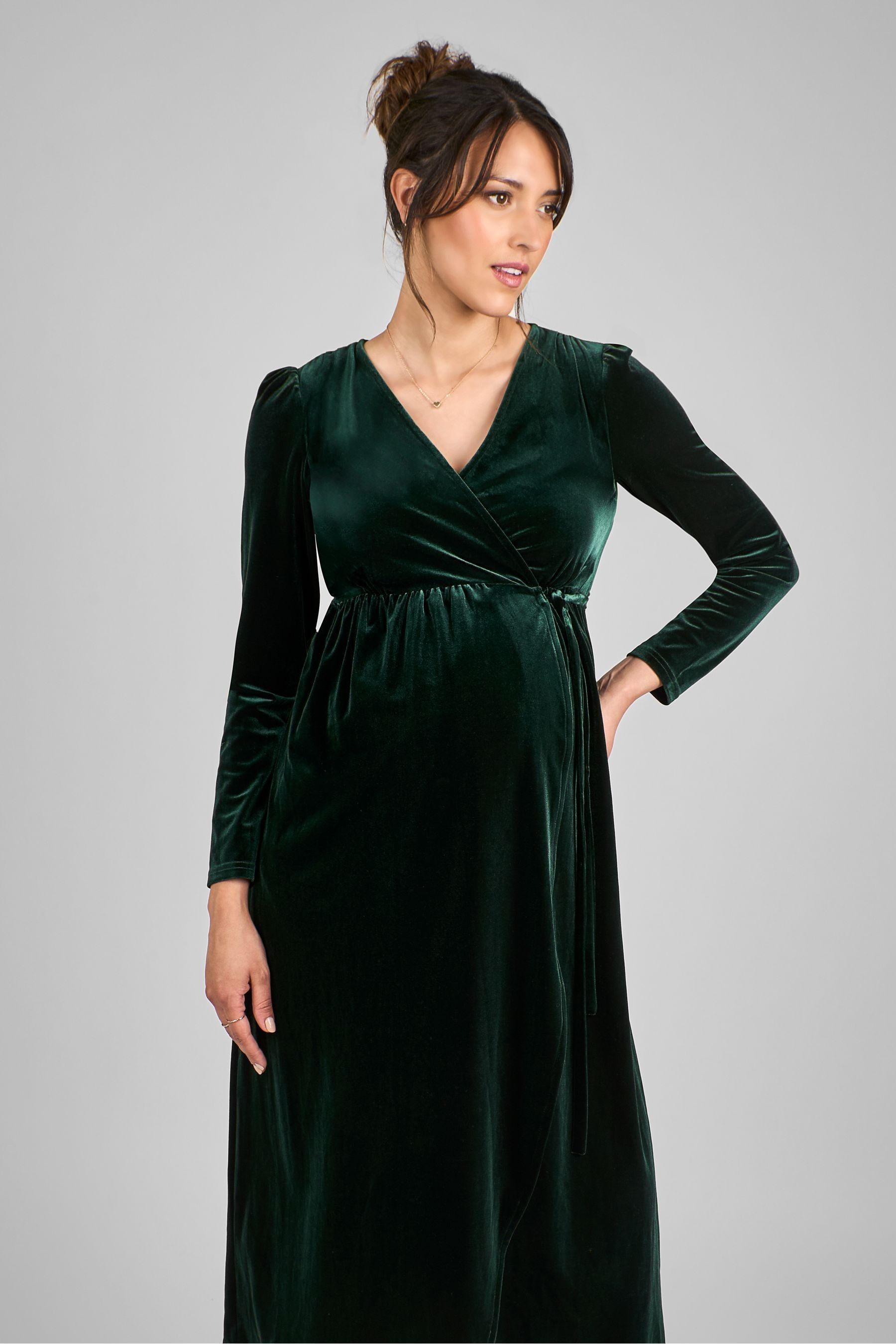 JoJo Maman Bebe Green Velvet V Neck Maternity Nursing Wrap Dress Small Womens