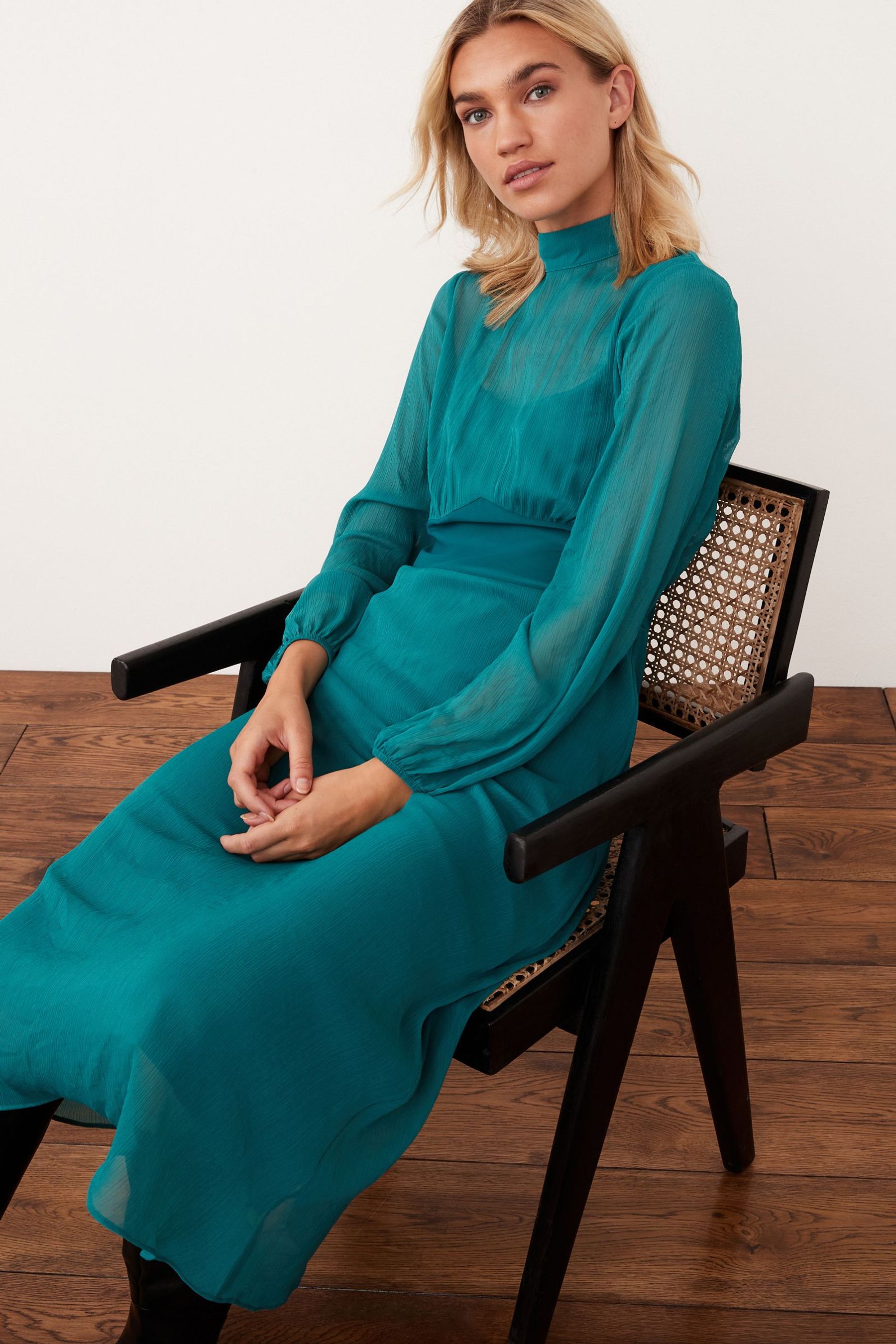 Buy Teal Blue Long Sleeve High Neck Sheer Layer Midi Dress from Next Luxembourg