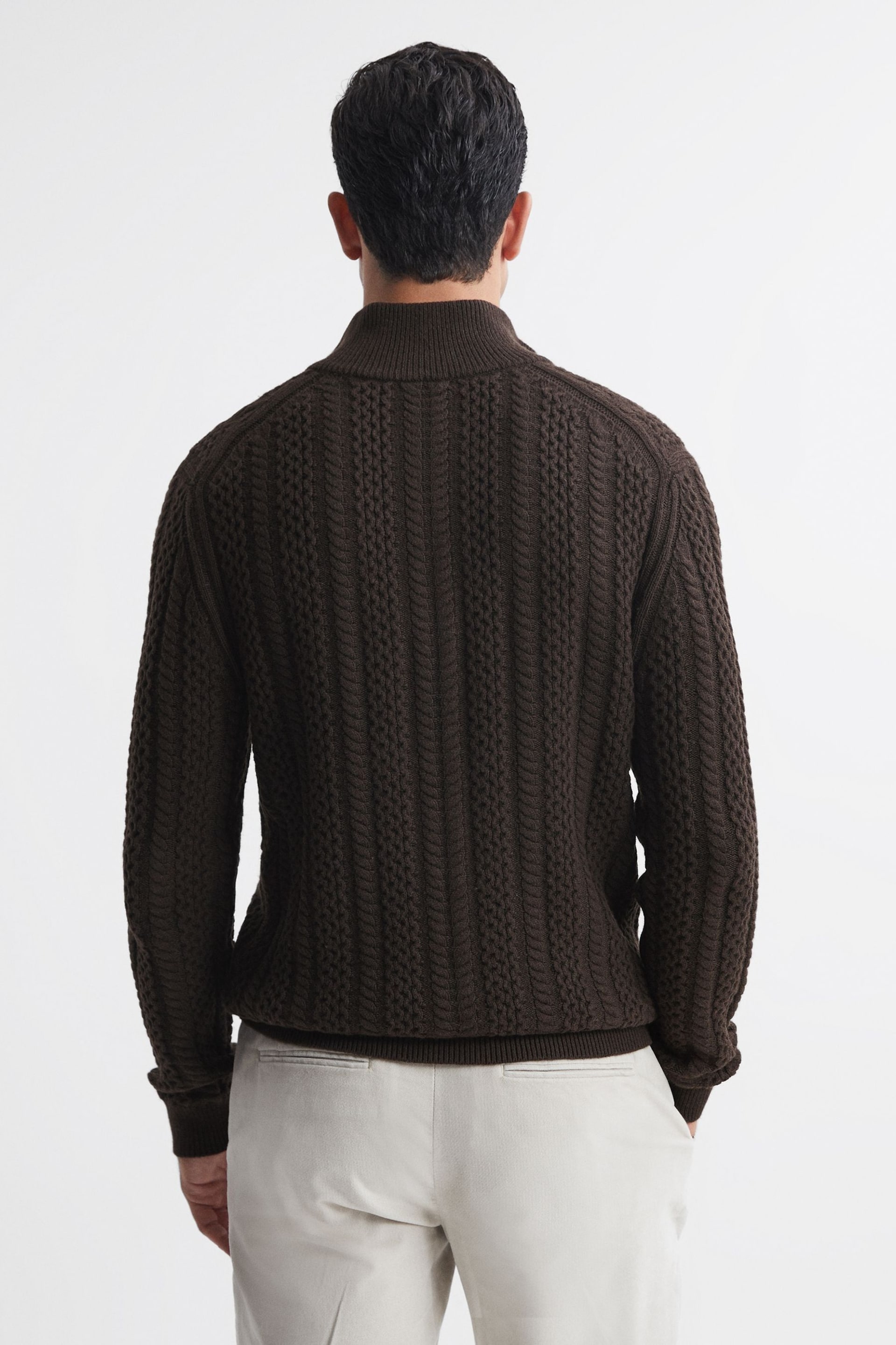 Reiss Chocolate Bantham Cable Knit Half-Zip Funnel Neck Jumper - Image 5 of 5