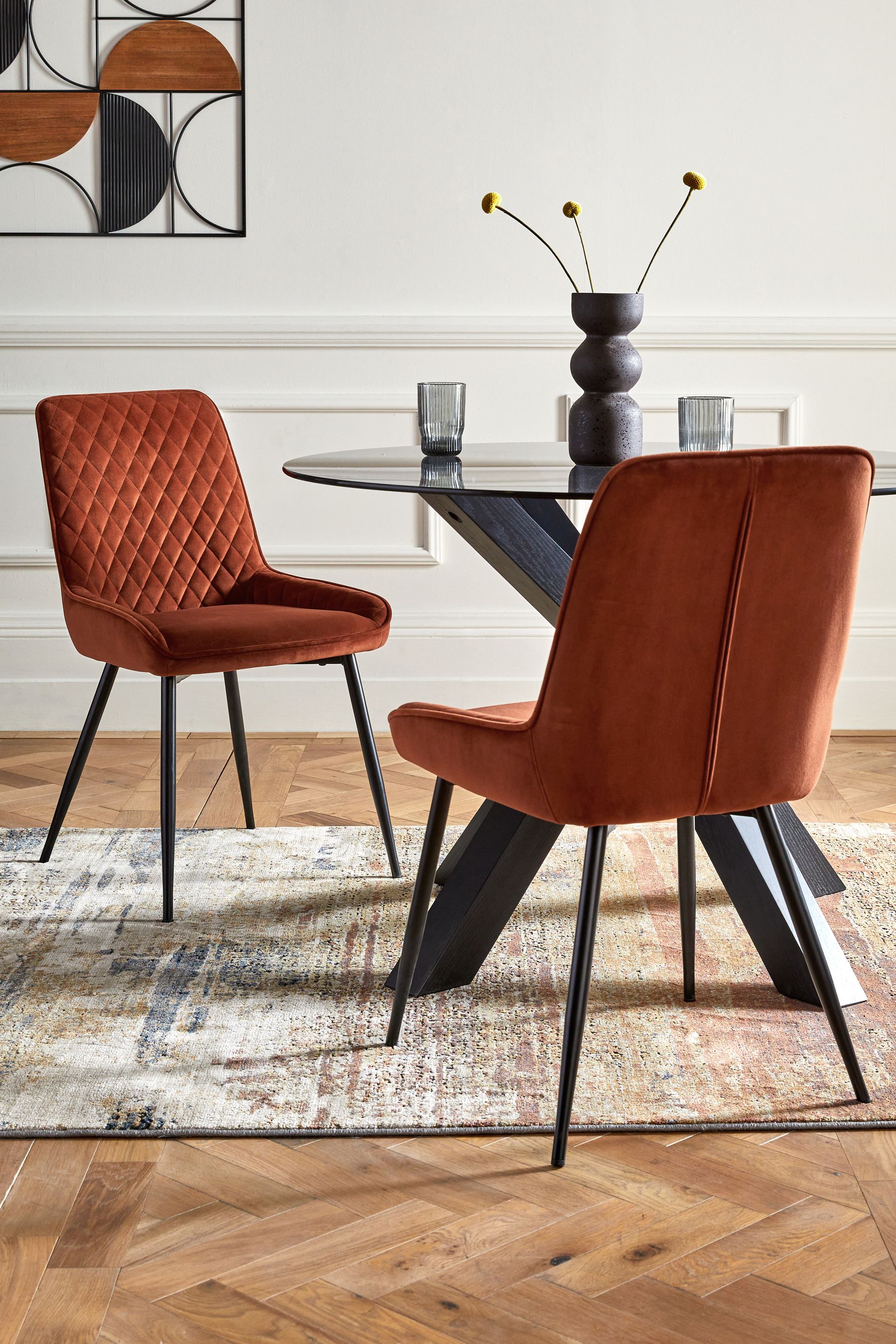 Set of 2 Velvet Rust Brown Hamilton Black Leg Quilted Dining Chairs