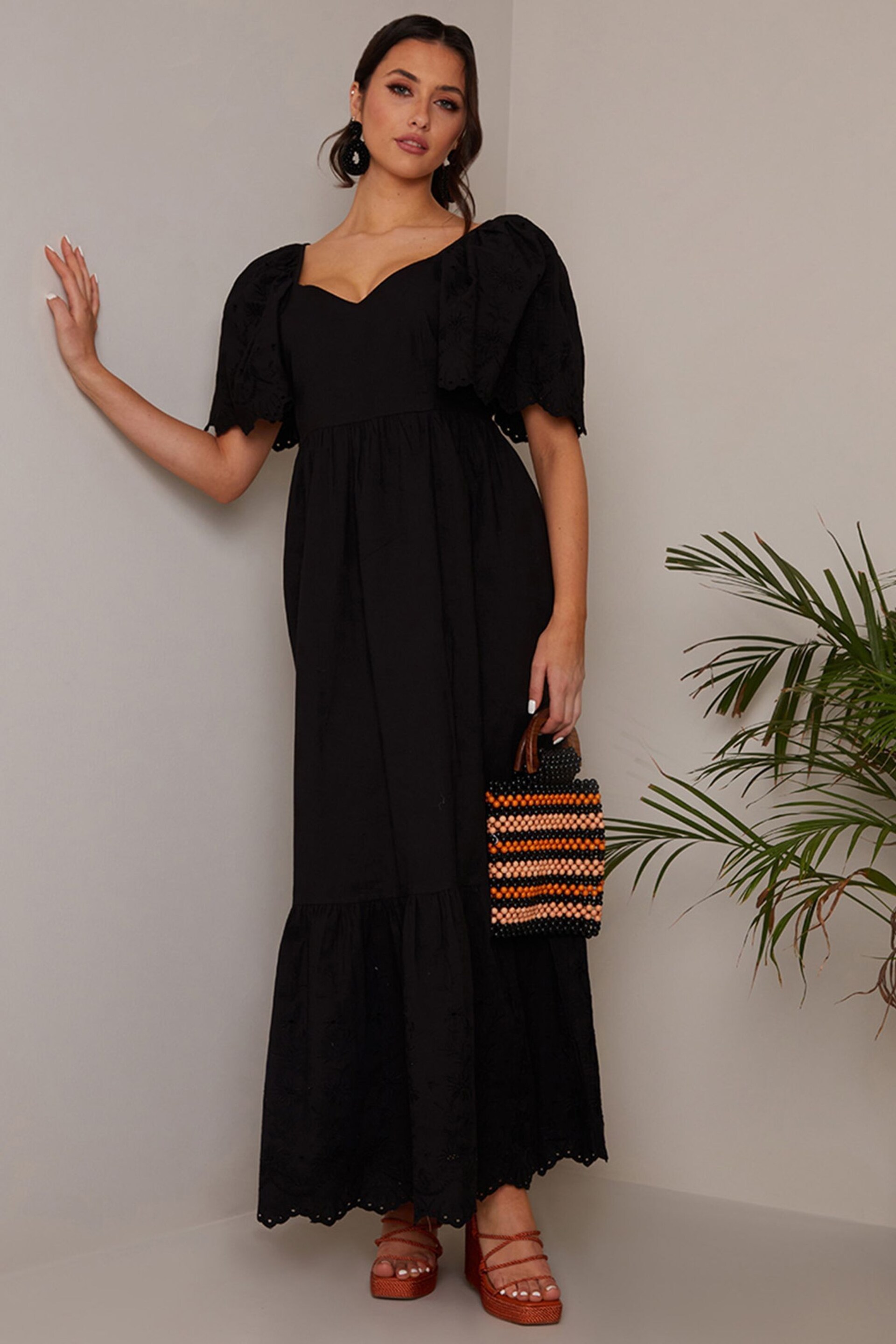 Chi Chi London Black Broderie Sleeve Poplin Maxi Dress - Image 1 of 4