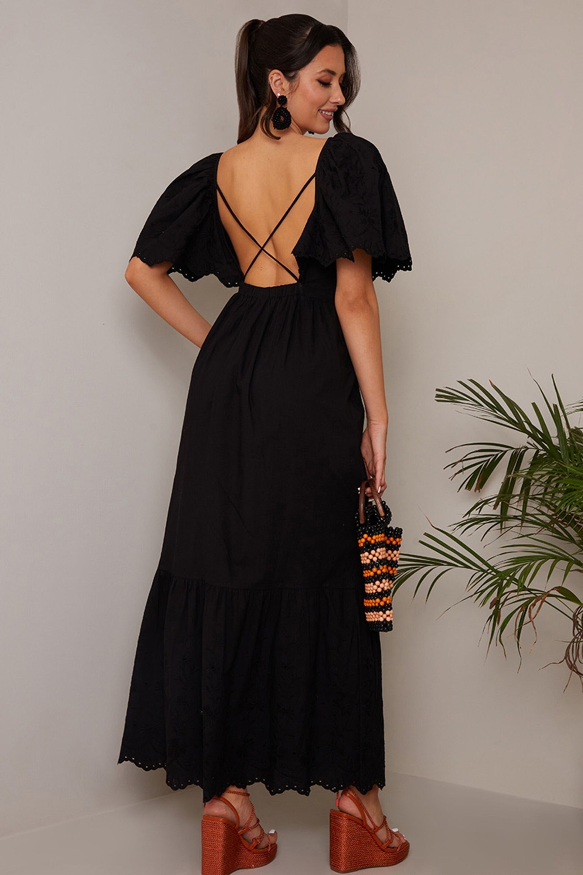 Chi Chi London Black Broderie Sleeve Poplin Maxi Dress - Image 2 of 4