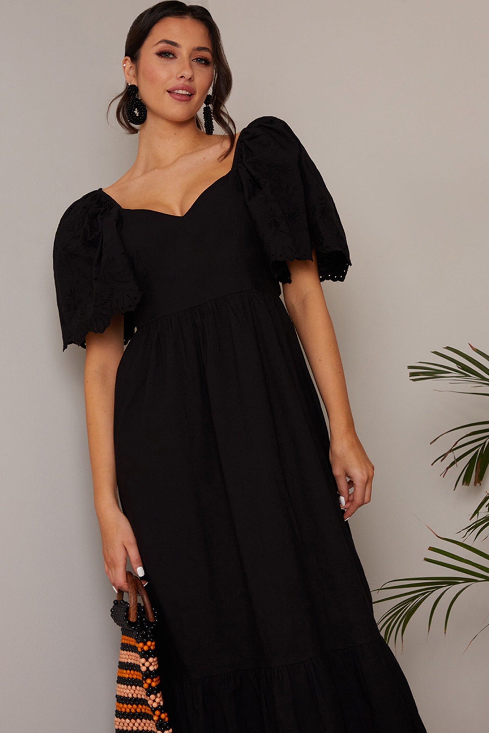 Chi Chi London Black Broderie Sleeve Poplin Maxi Dress - Image 3 of 4