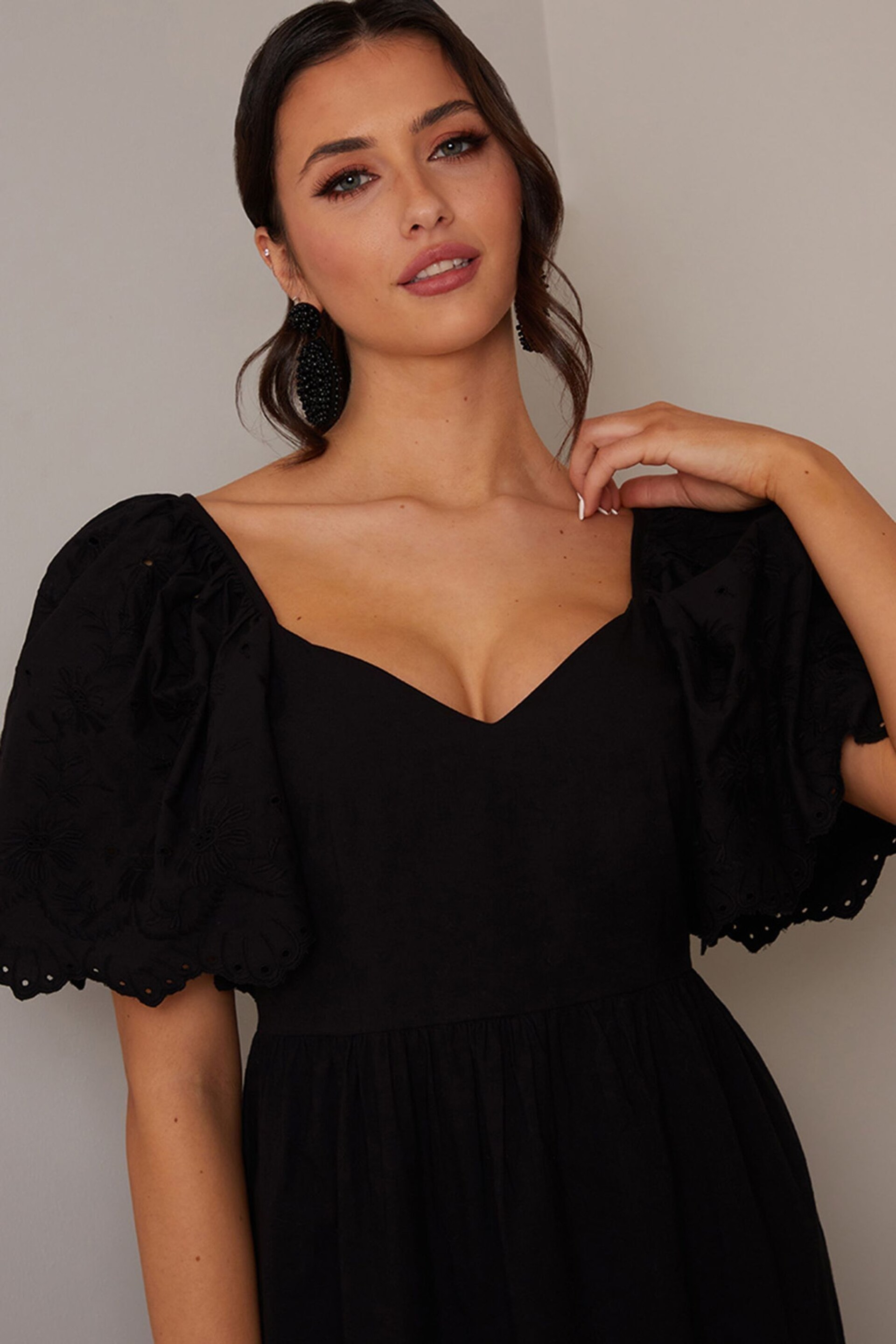 Chi Chi London Black Broderie Sleeve Poplin Maxi Dress - Image 4 of 4