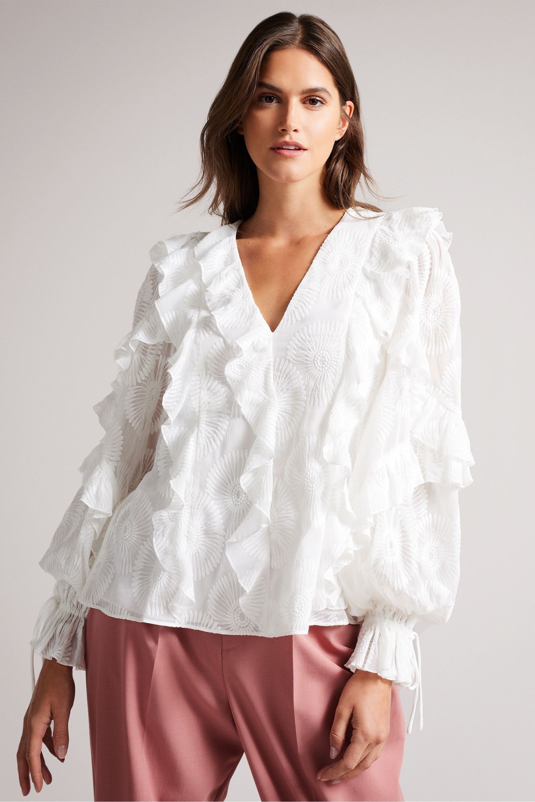 White ruffle sleeve blouse outlet