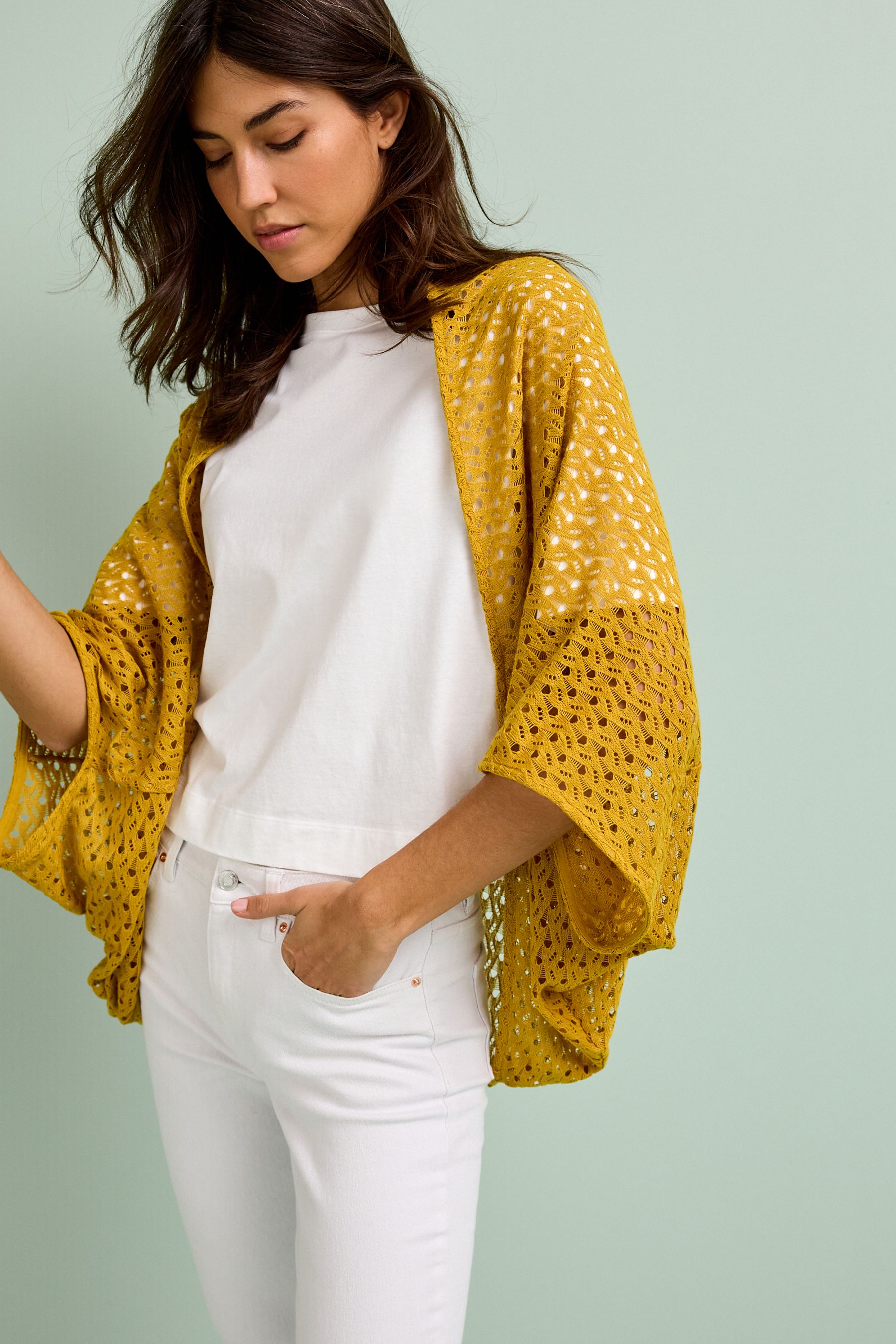 Buy Ochre Yellow Mid Sleeve Crochet Cardigan from Next Luxembourg