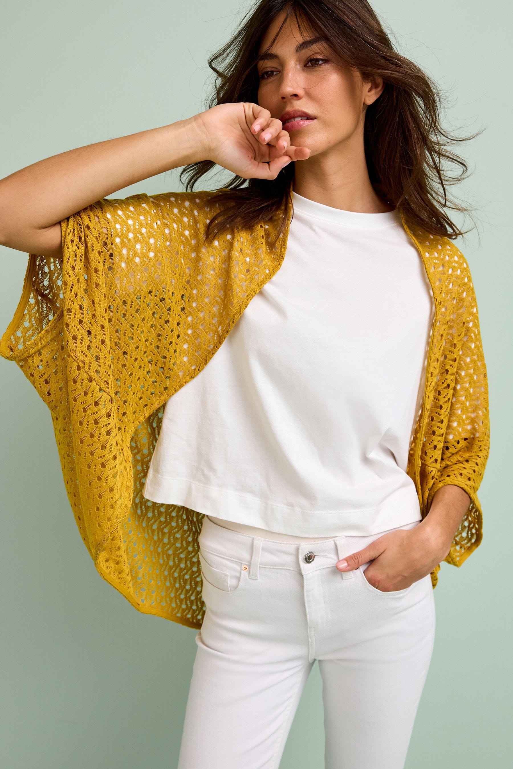 Buy Ochre Yellow Mid Sleeve Crochet Cardigan from Next Luxembourg