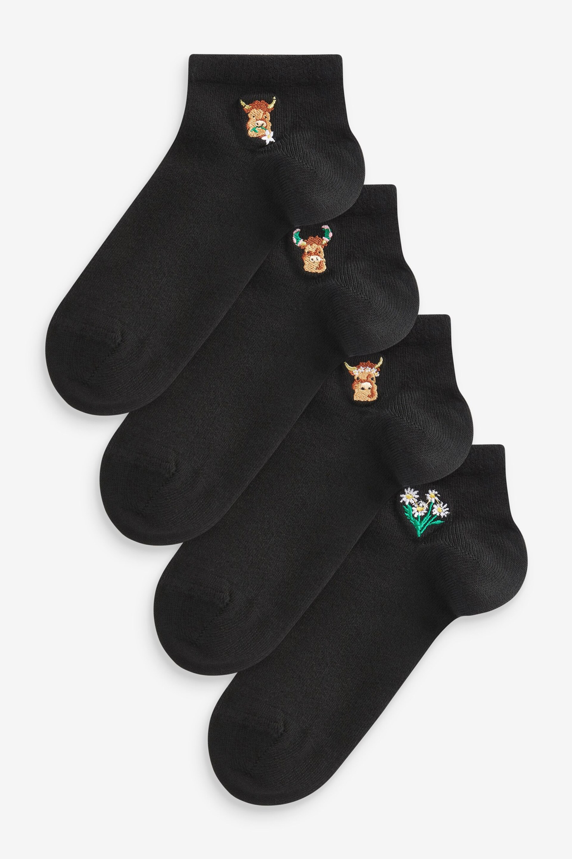 Black Embroidered Hamish The Highland Cow Motif Trainer Socks 4 Pack - Image 1 of 5