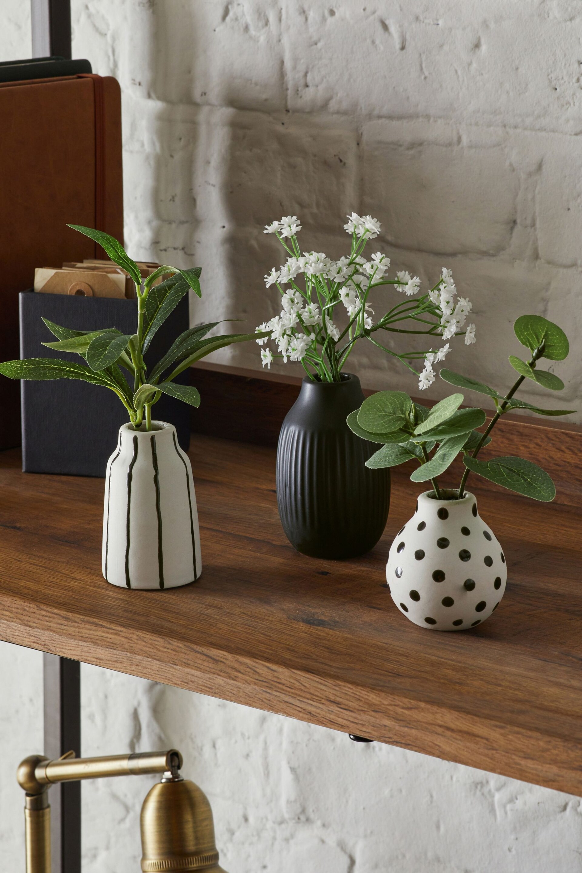 Set of 3 Green Artificial Plants In Monochrome Ceramic Pots - Image 1 of 3