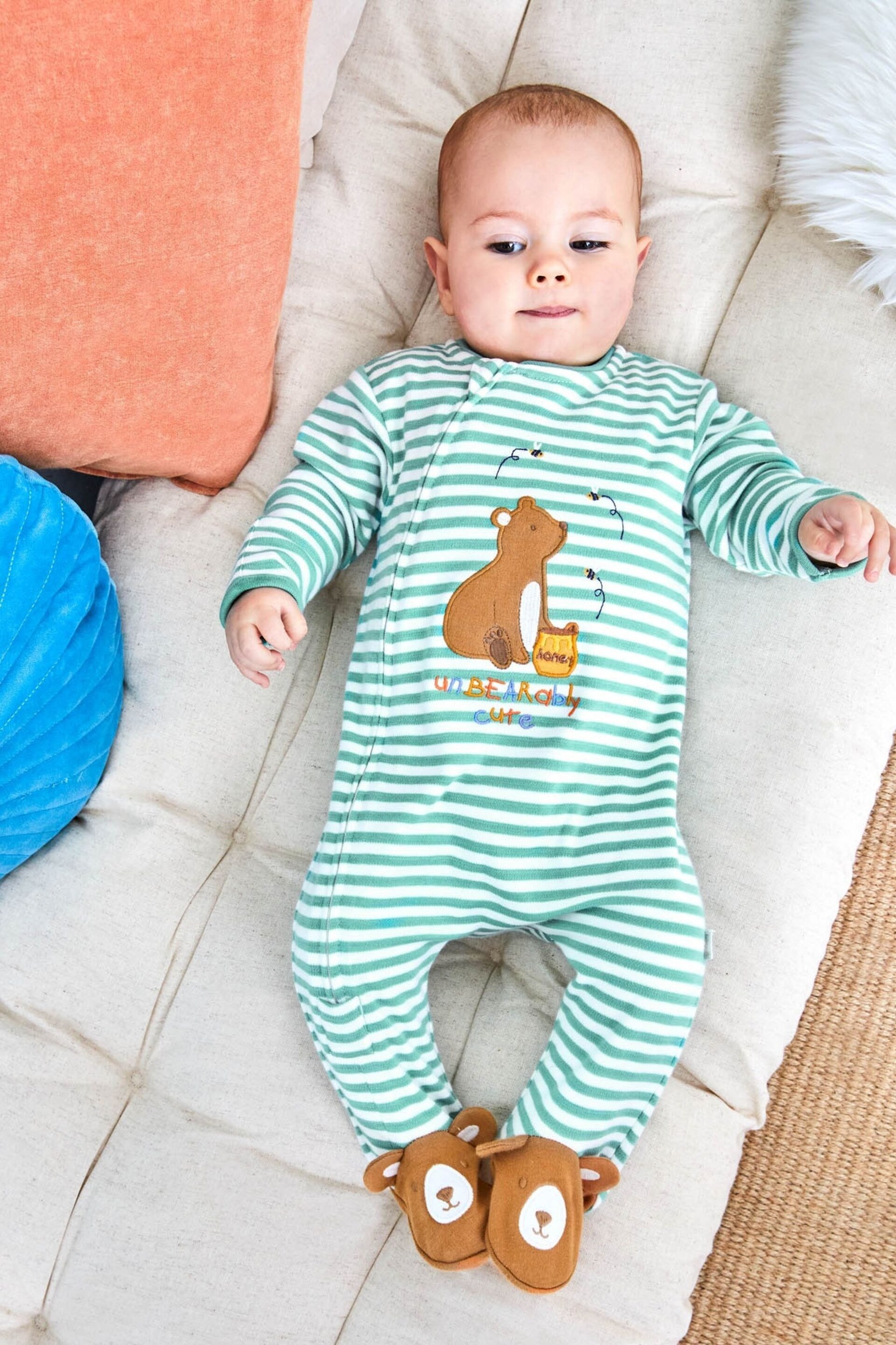 JoJo Maman Bébé Green Stripe Bear Appliqué Zip Cotton Baby Sleepsuit - Image 1 of 3